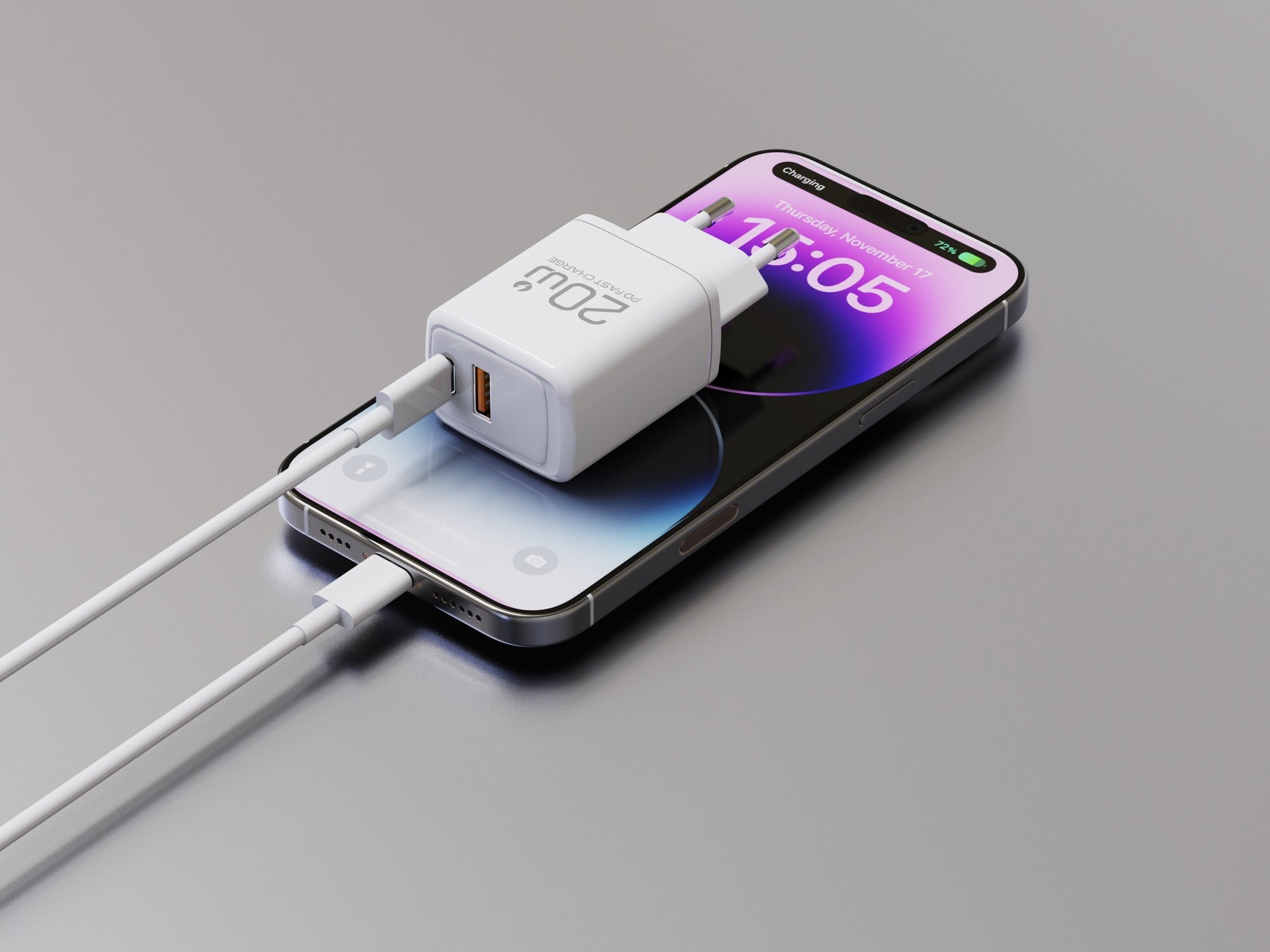 Cargador Techancy TA2826 PD3.0 de 20 W con dos puertos USB-C y cable Lightning compatible con iPhone de la serie 8 a 14