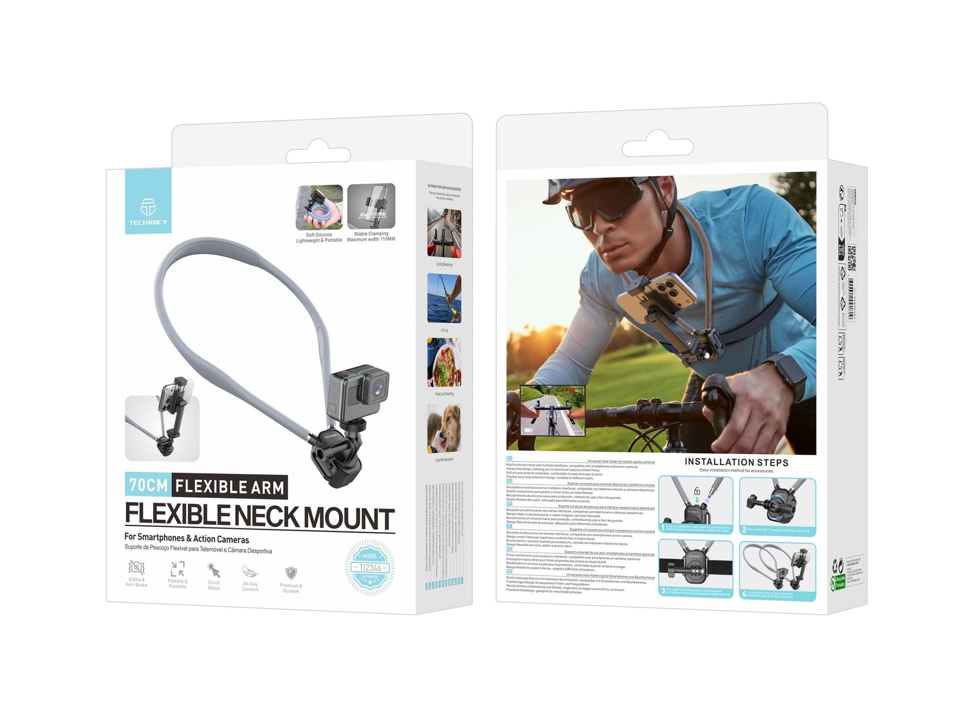 Soporte para el cuello Techancy TI2346 para cámaras y teléfonos móviles con brazo flexible de 70 cm, manos libres, color gris.
