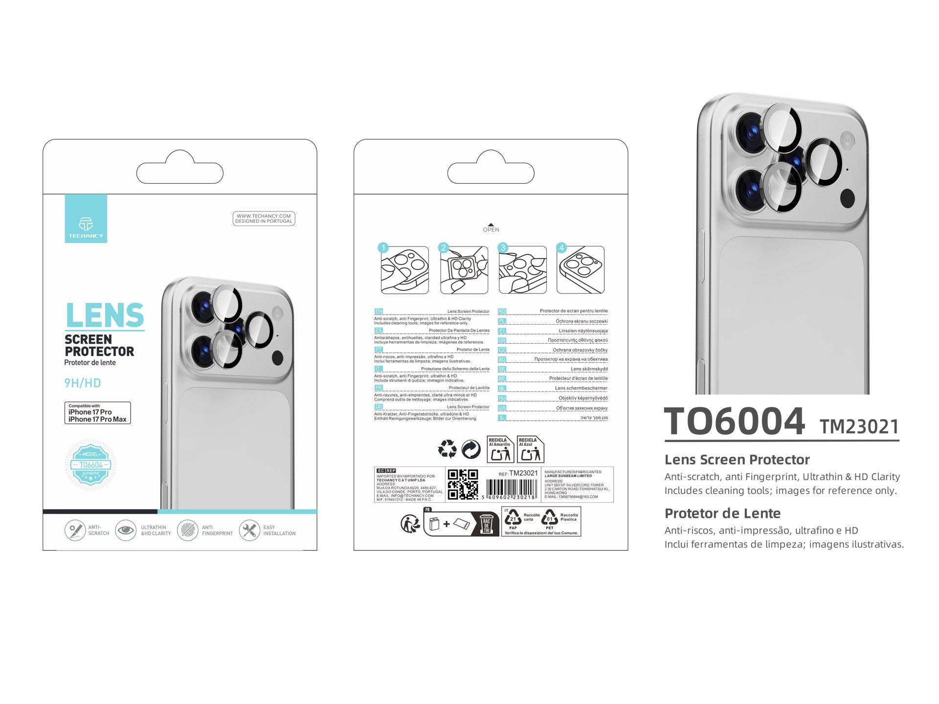 Techancy Protetor de Lente para iPhone 17 Pro e 17 Pro Max TO6004 9H Ultra Fino Alta Definicao Anti Risco Anti Impressao Digital Transparente