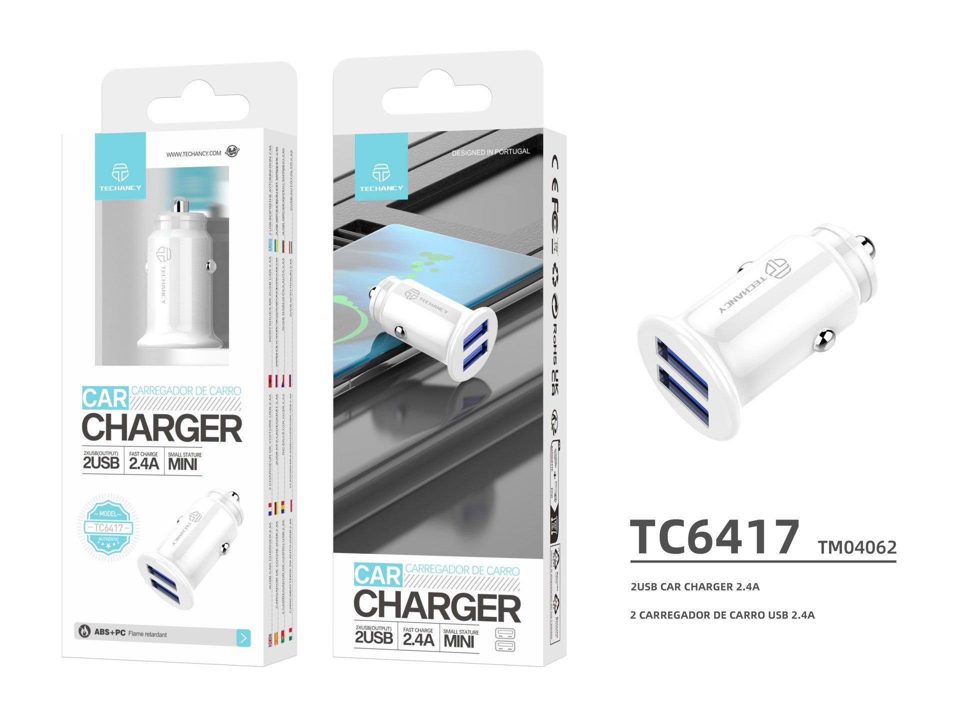 Techancy Mini Car Charger TC6417, 2 USB 2.4A Charging, Compatible with Trucks and Cars, White