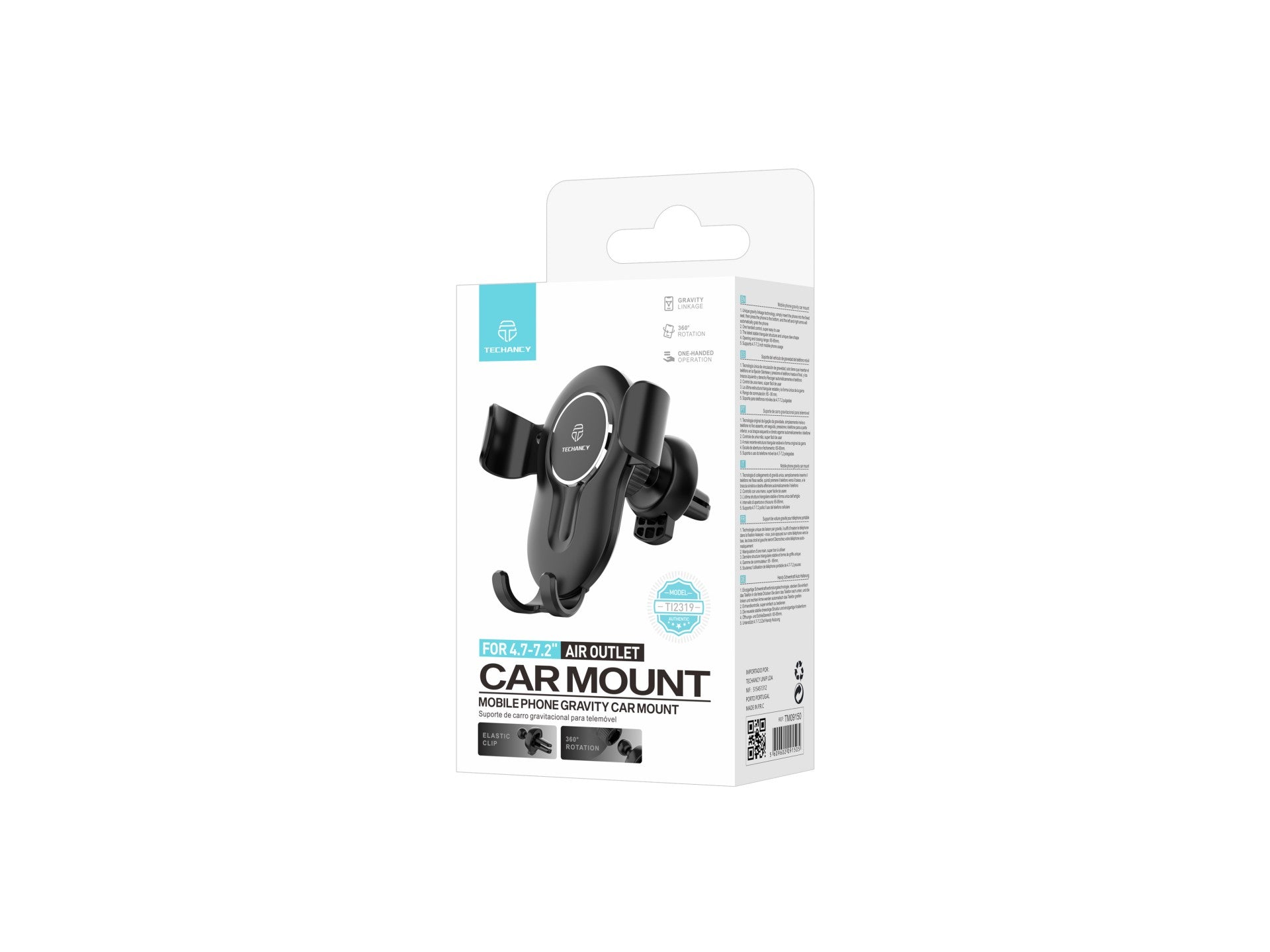 Techancy Suporte De Telemóvel Para Automóvel TI2319,Auto Grip Suporte Para Telemóveis De 4,7 - 7,2 - Polegadas,Preto