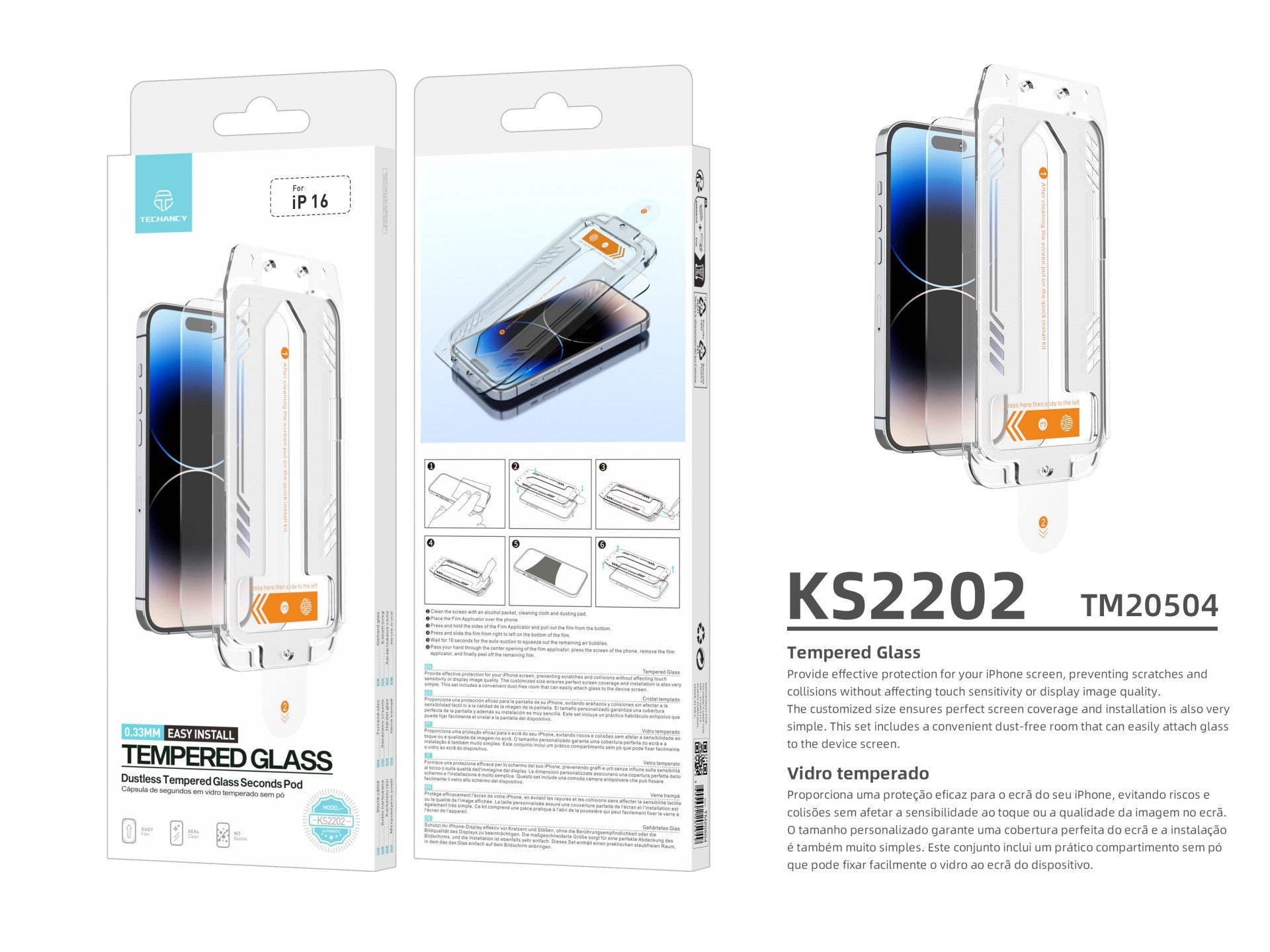 Protector de pantalla de vidrio templado Techancy KS2202, compatible con iPhone 16, incluye caja de instalación rápida.