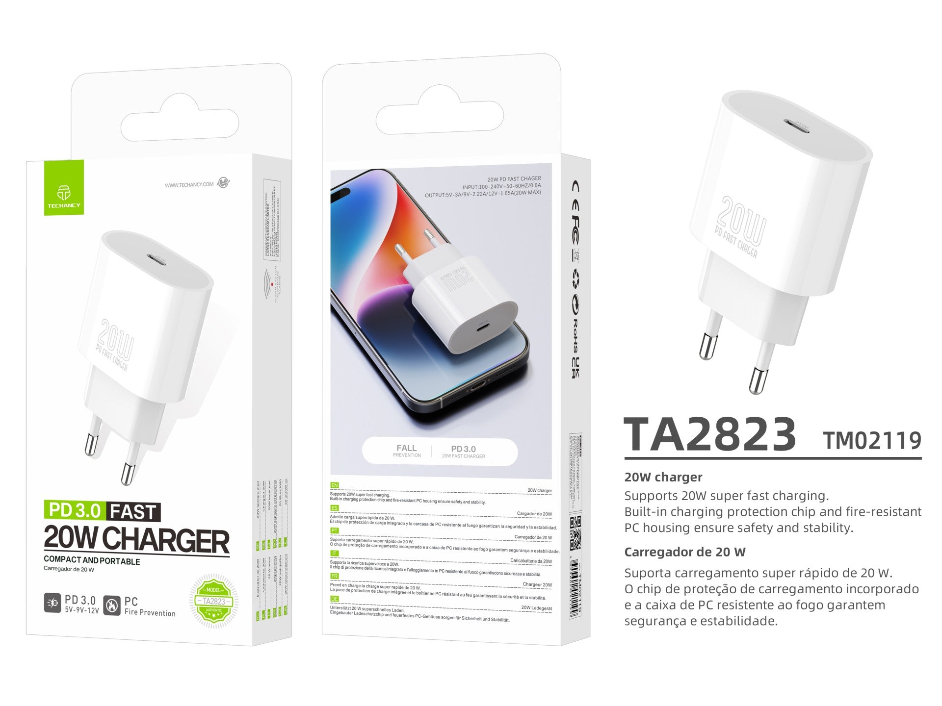 Techancy Carregador TA2823 PD3.0 20W USB-C Adaptador de Carga Rapida Compativel com iPhone Samsung Huawei e Outros Dispositivos