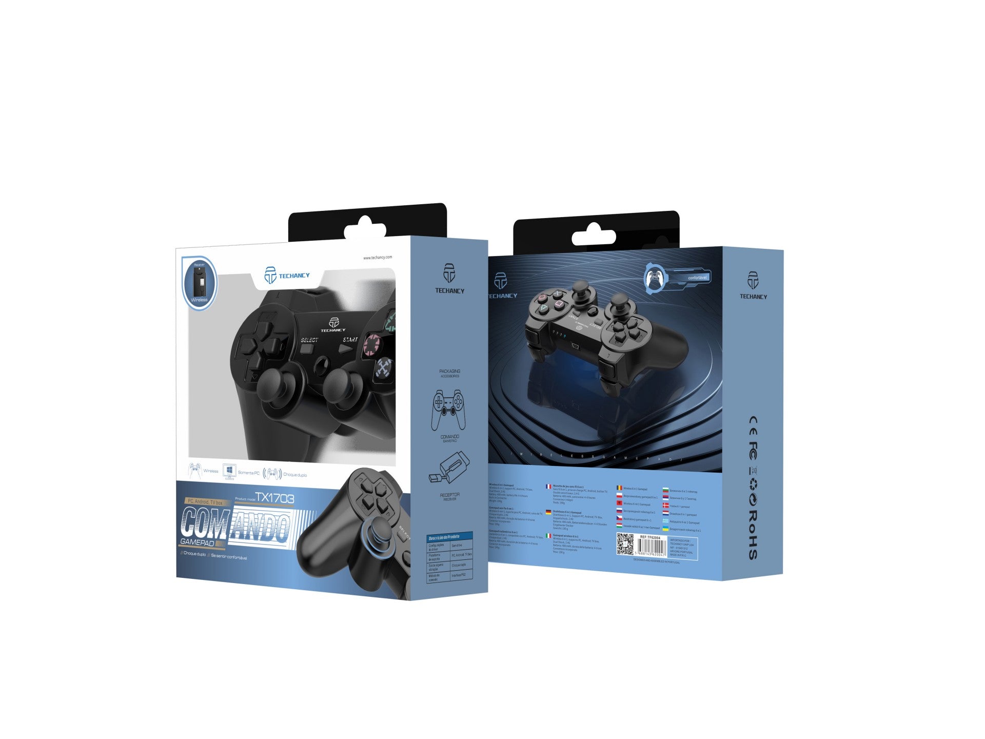 Techancy 6-in-1 Wireless Gaming Controller, Built-in Battery, 2.4G Wireless Connection, TX1703, Compatible with PC/Android/TV Box/PS3/TV/Game Box, Black