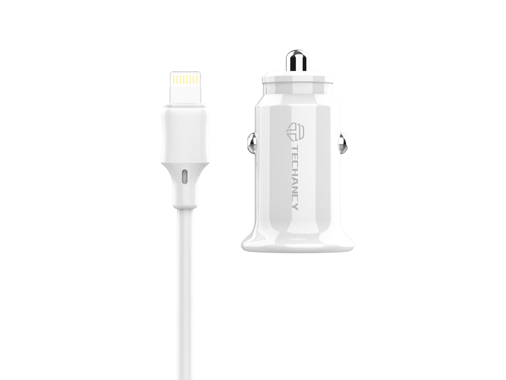 Techancy Carregador De Automóvel Mini TC6408, Carregamento 2usb 2.4A, Kit De Dados Com Cabo Usb-Lightning 1m,branco