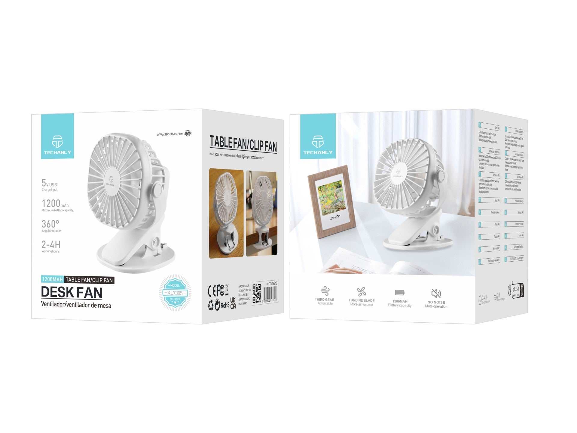 Techancy Ventoinha De Encaixe Branca KL7305 Para Utilização Na Secretária E No Automóvel, Bateria Interna, Carregamento Usb