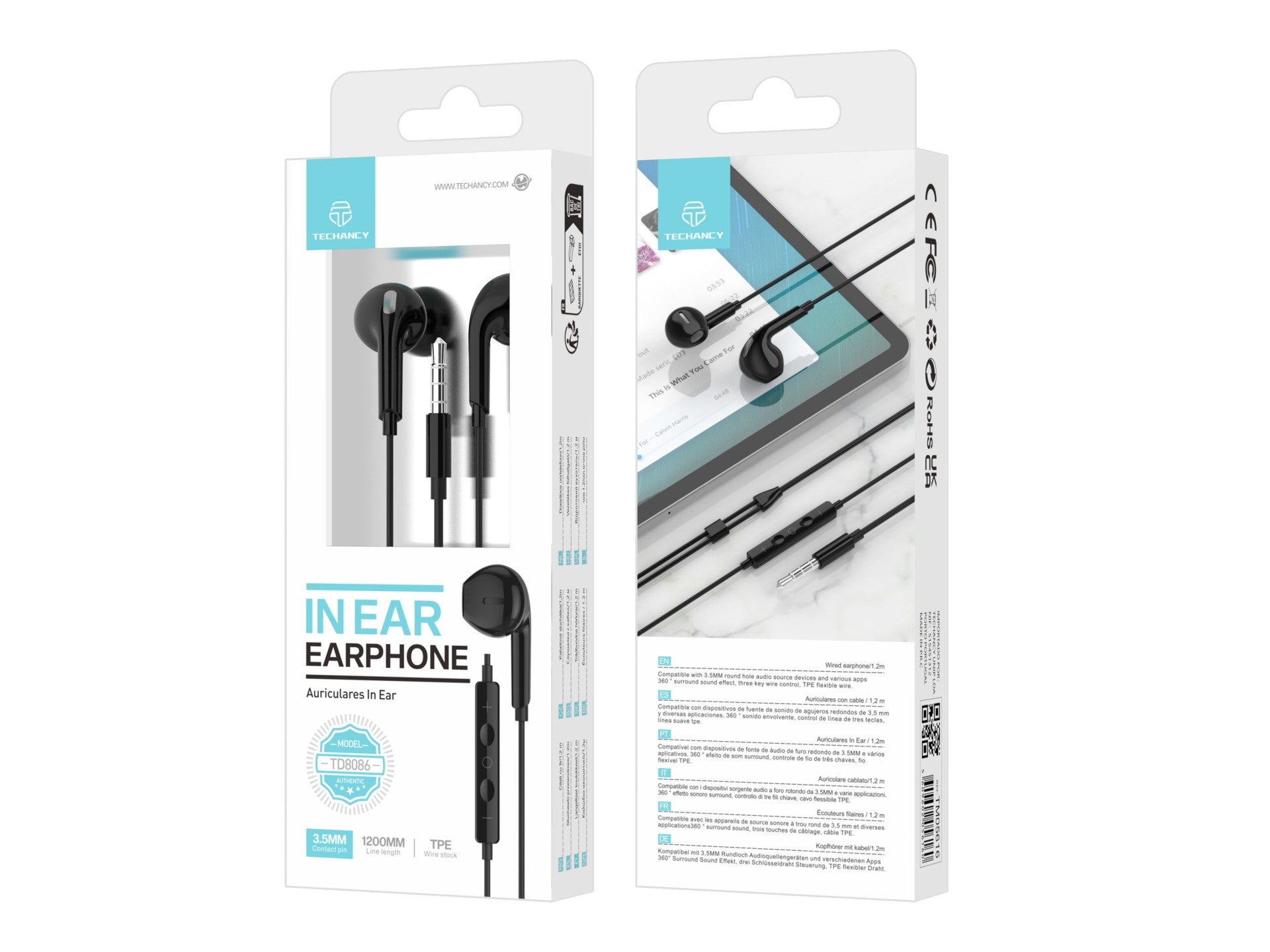 Techancy Auscultadores Intra-Auriculares Pretos 1.2m TD8086 Com Cabo E Microfone, Auscultadores Para Música De 3,5 Mm