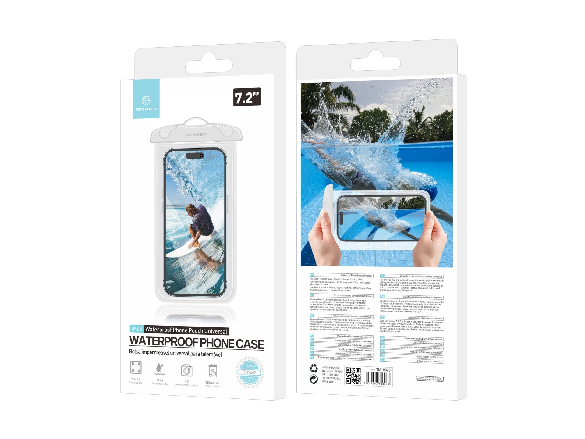 Funda para celular Techancy , impermeable, blanca, TU7453. Capacidad extra grande de 7.2 pulgadas y certificación IPX8.