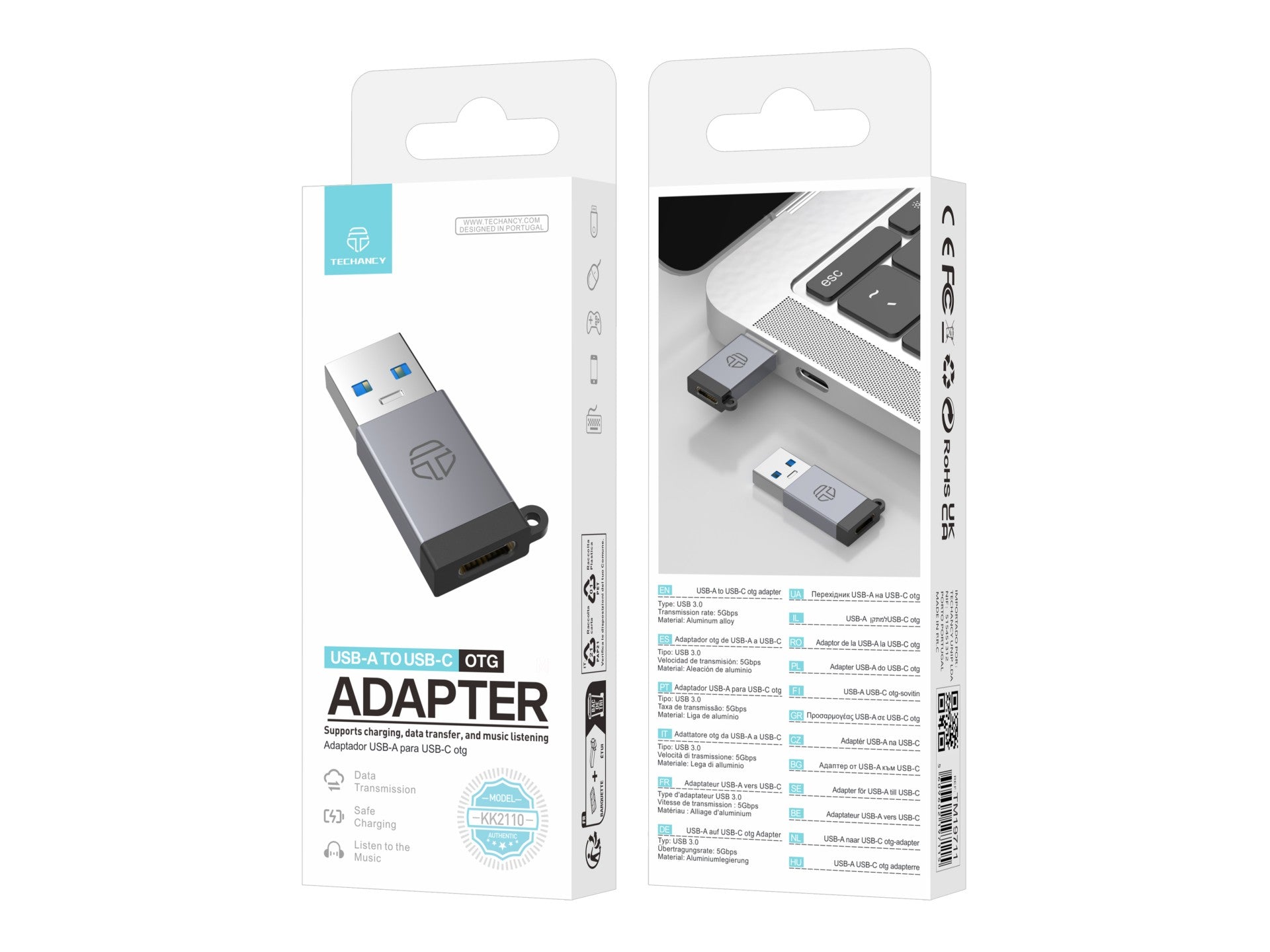 Adaptador OTG USB-A a USB-C Techancy KK2110, aleación de aluminio, compatible con transferencia de datos y carga.