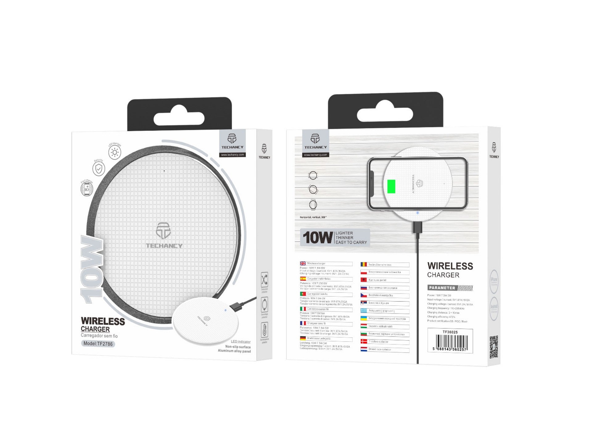 Cargador inalámbrico Techancy de 10 W para teléfonos móviles, TF2786, compatible con teléfonos Android y Apple, color negro