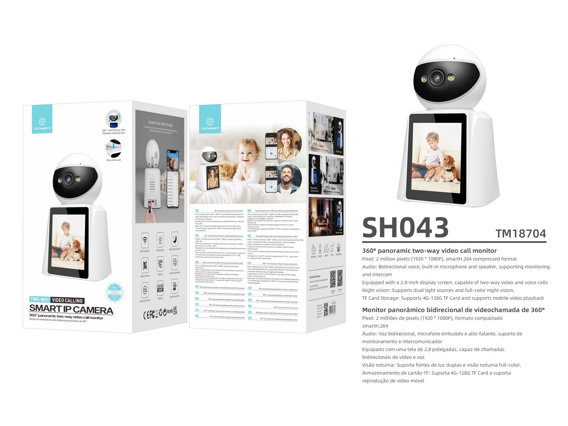 Techancy SH043 Smart Camera with Screen, 1080P, 360 Rotation, Night Vision, Two-Way Voice and Video Calls, WiFi Connection, Human Detection - White