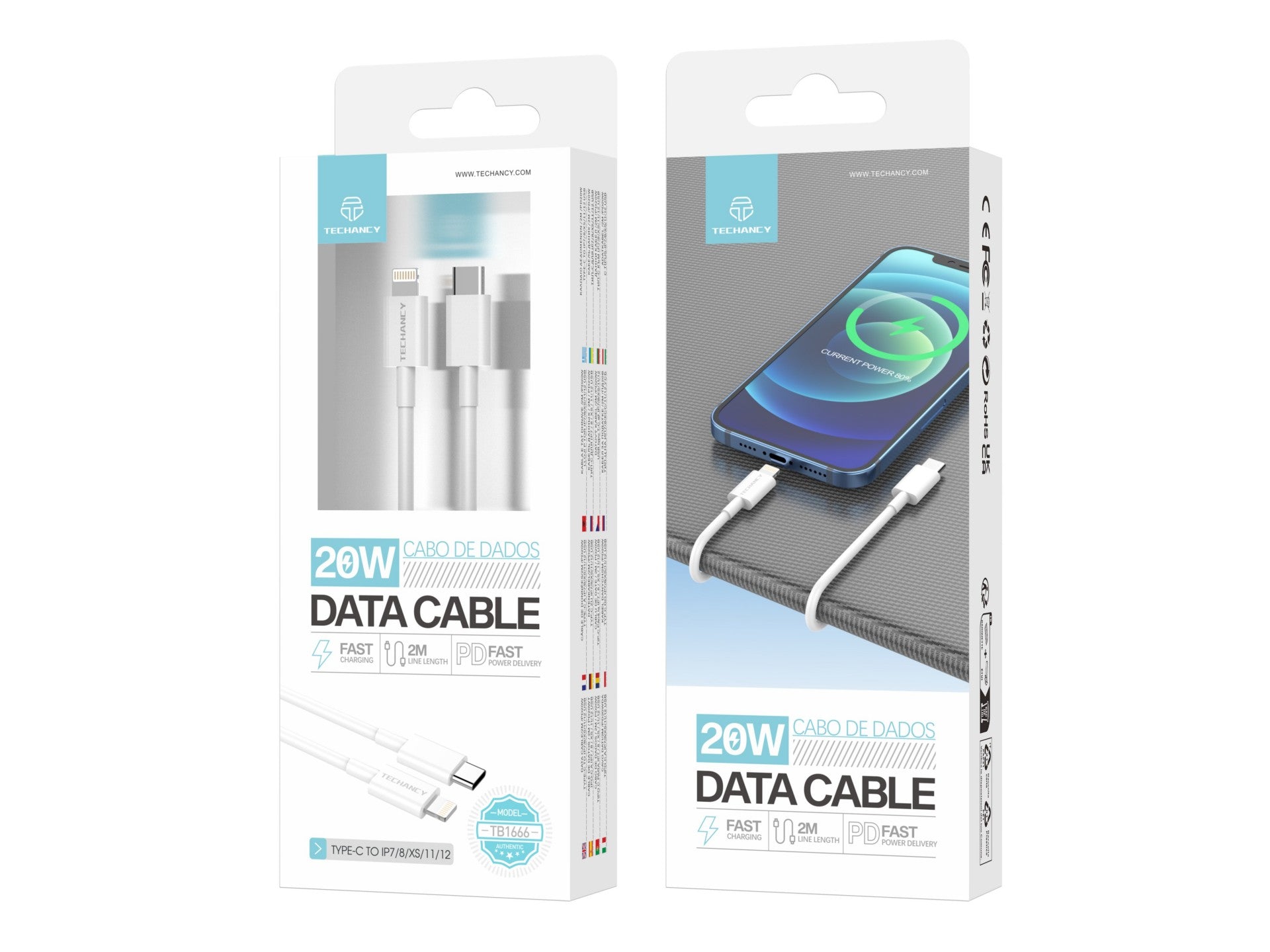 Cable de datos Techancy blanco de 20 W TB1666, compatible con iPhone 7 hasta 14, carga rápida PD, duradero, 2 m