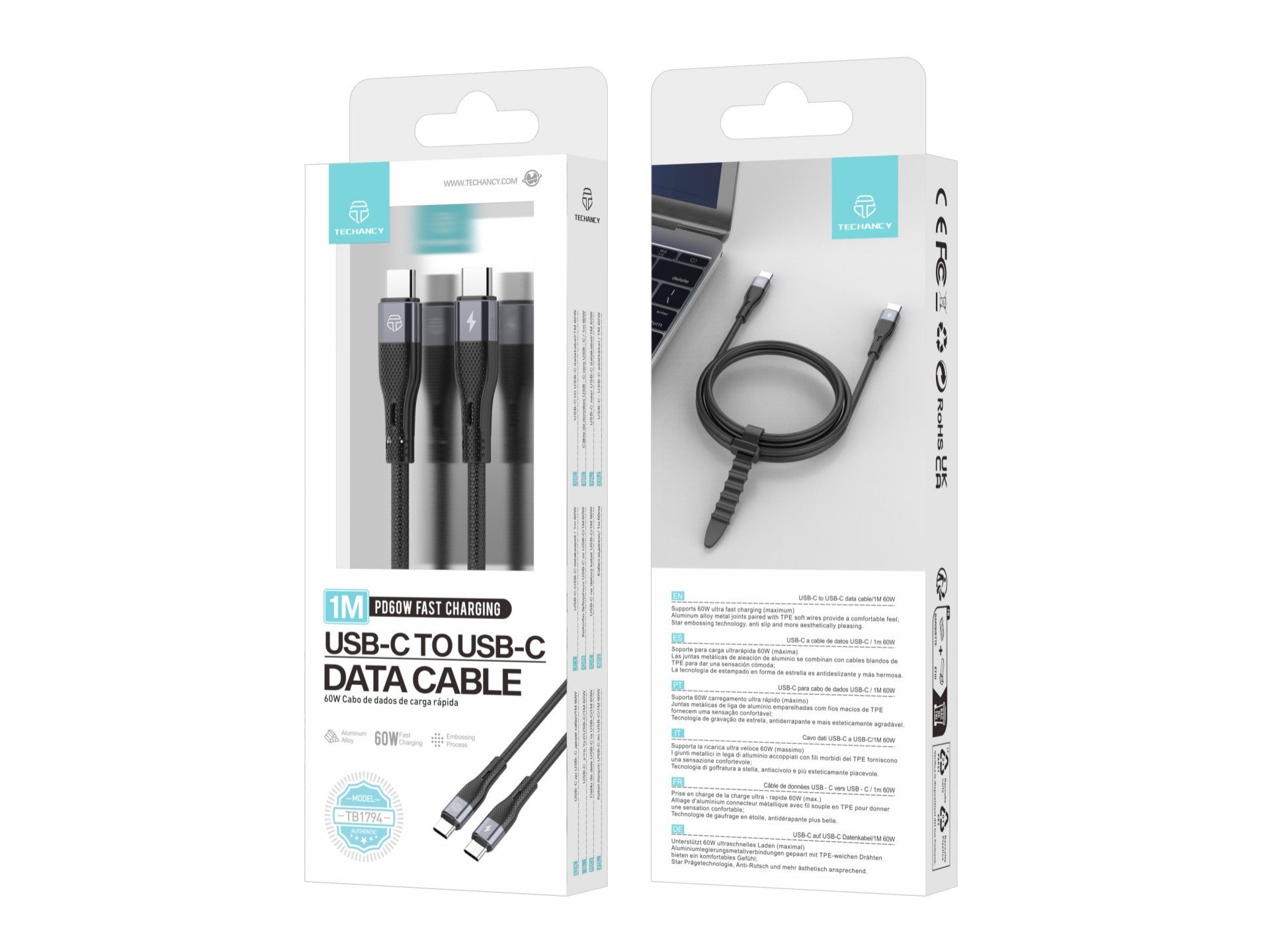 Techancy Cabo de carregamento rápido PD USB C para USB C Preto TB1779, carregamento rápido de 60 W, comprimento 1 m
