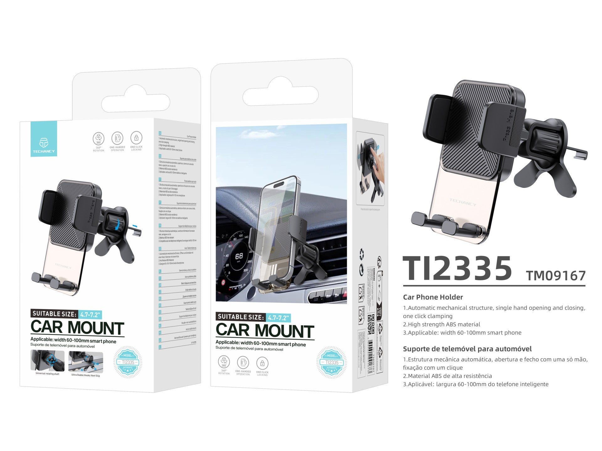 Techancy Suporte para TelemOvel TI2335, Operação com Uma Mão, ABS de Alta Resistência, para Smartphones 4.7"-7.2", Preto