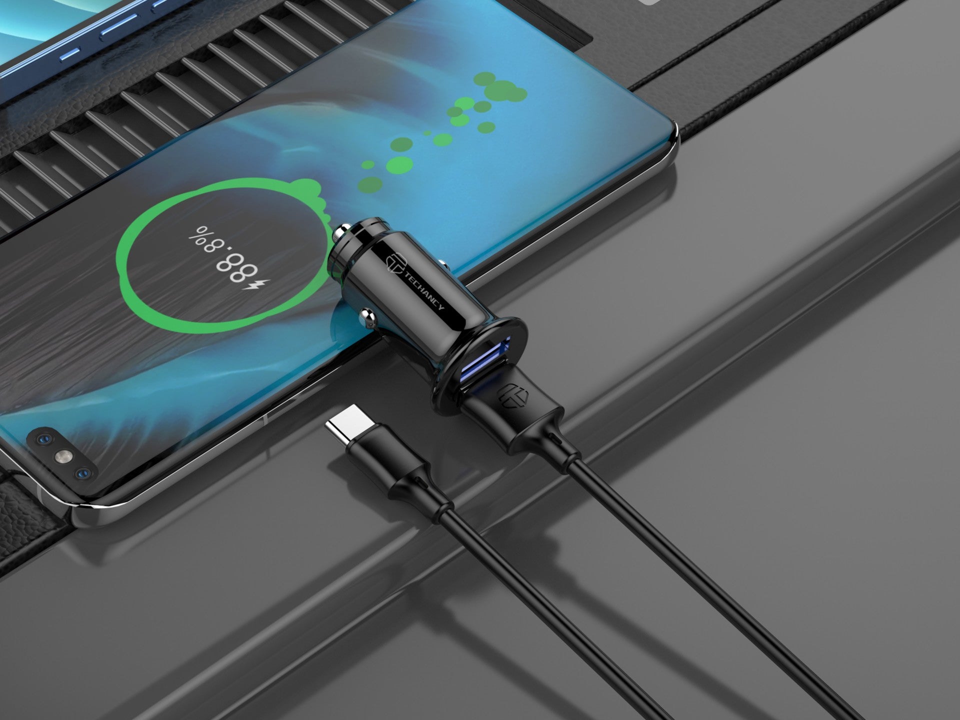 Techancy TC6407 Mini Car Charger, 2USB Charging 2.4A, USB-Type-C Data Cable Set 1m, Black