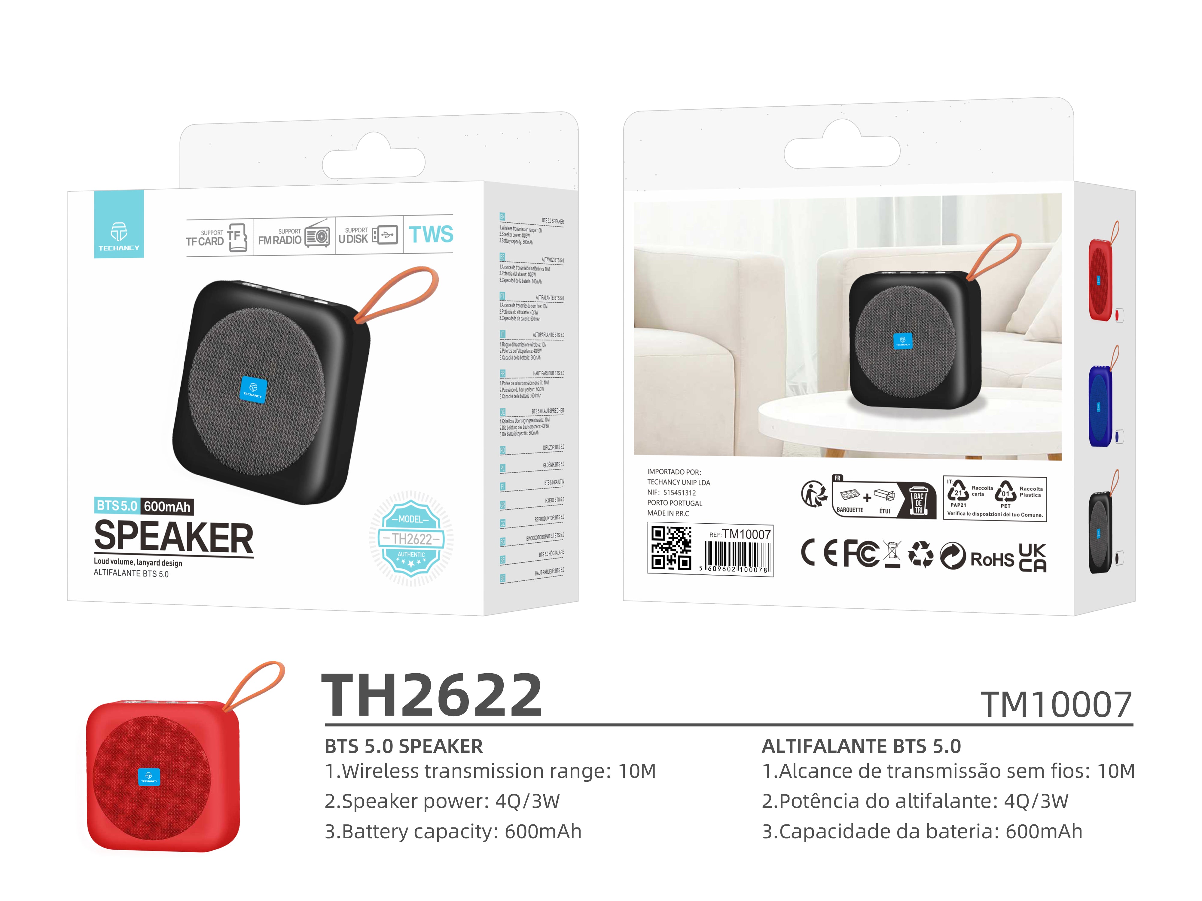 Techancy TH2622 Red Bluetooth Speaker, Portable and Compact Size, Supports TF/FM/USB/TWS, Powerful Sound.