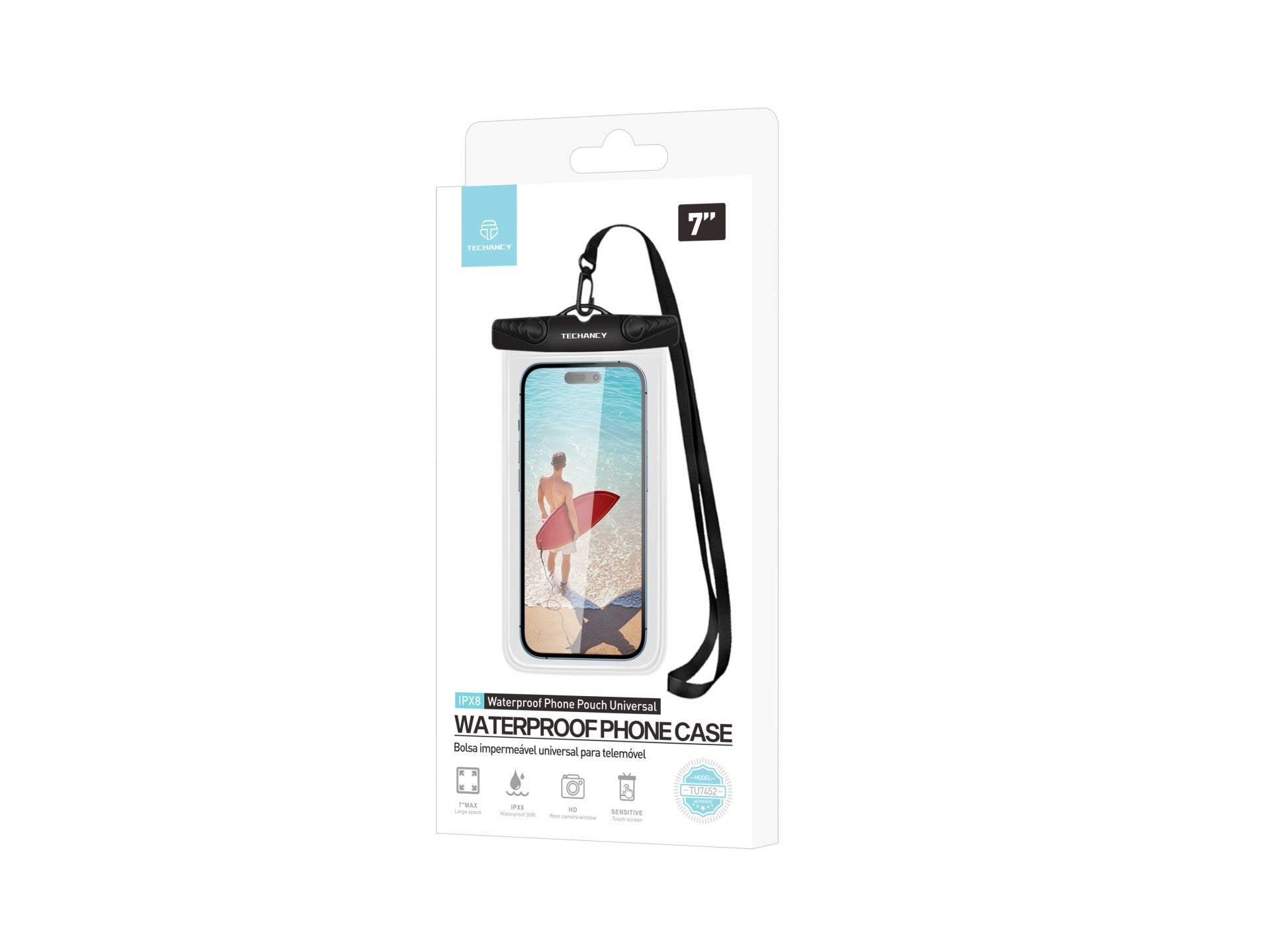 Techancy Mobile Phone Pouch À TU7451 7.0 Inch Waterproof Ipx8 Waterproof, Clear Photos, Black