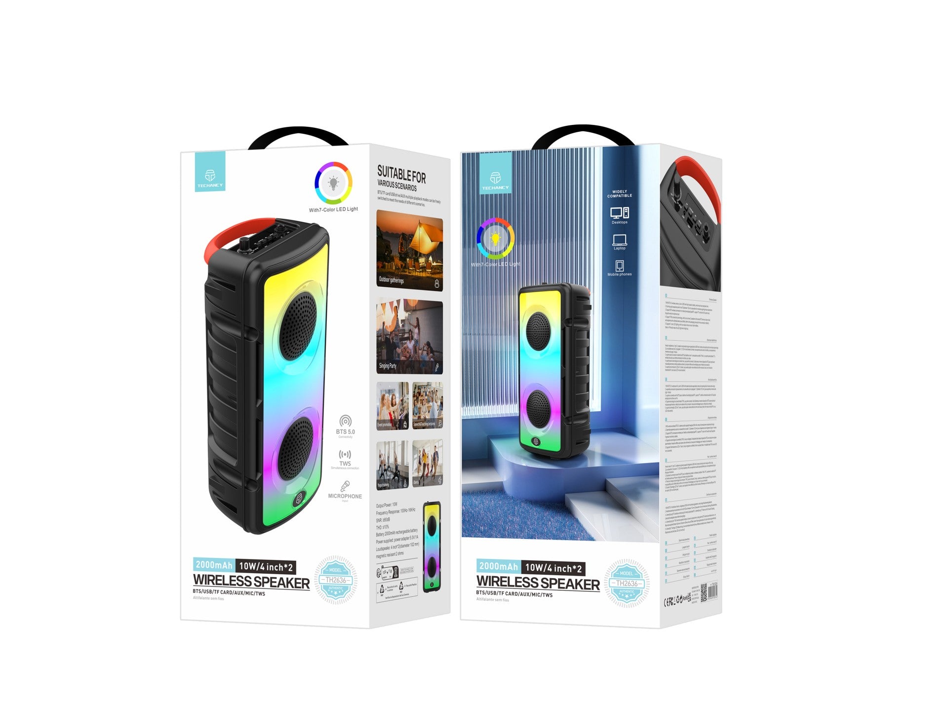Techancy TH2636 Wireless Bluetooth Speaker, 2*4 Inch Speaker, TWS Stereo Sound, Led Light Rhythms,