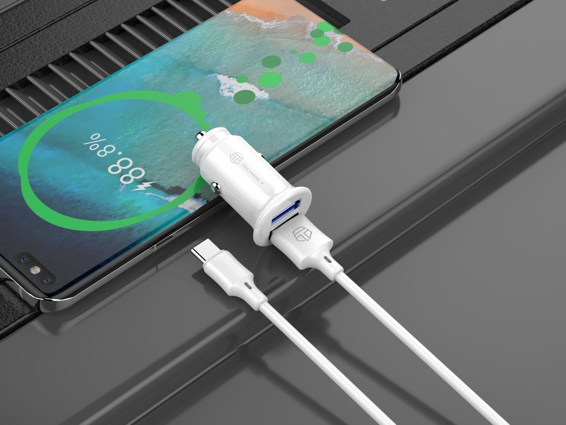 Techancy Carregador De Automóvel Mini TC6407, Carregamento 2usb 2.4A, Conjunto De Cabos De Dados Usb-Type-C 1m, branco