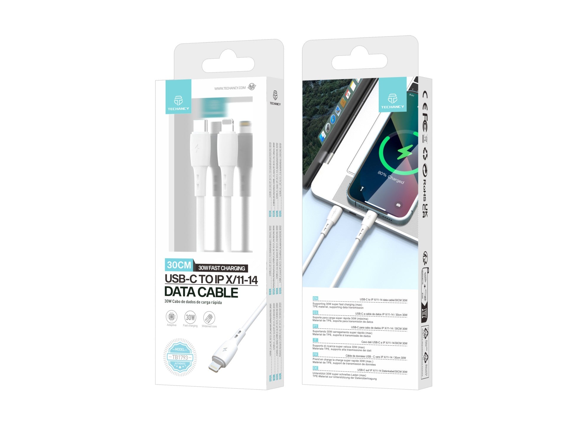 Cable de datos USB C a Lightning Techancy TB1778, blanco, carga PD30W, 30 cm, apto para usar con banco de energía