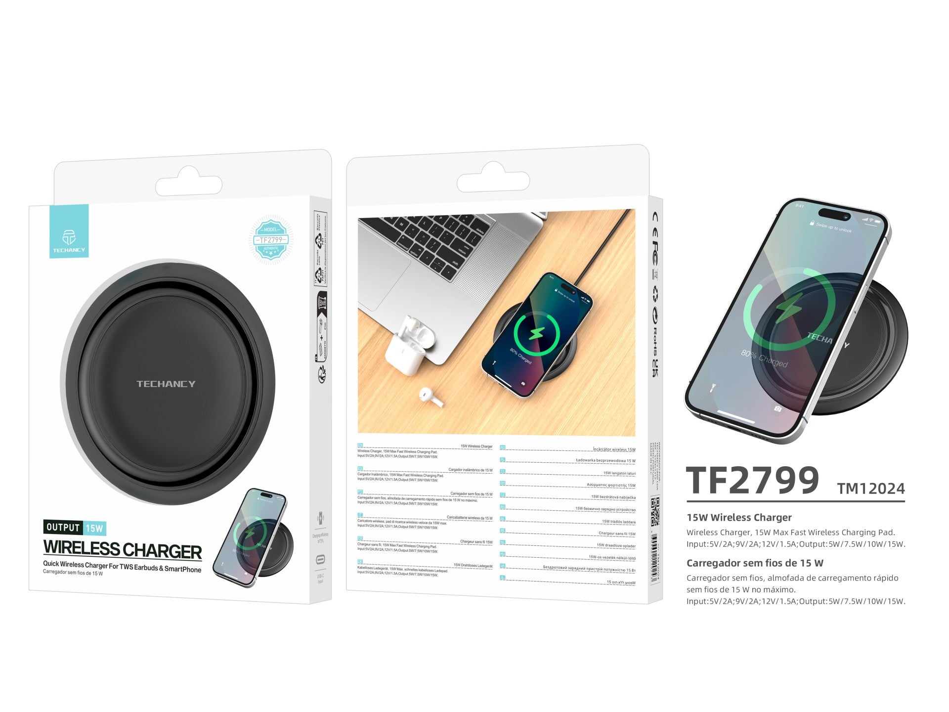 Techancy Wireless Charger 15W TF2799, compatible with various brands of smartphones, fast and safe charging, lightweight and portable