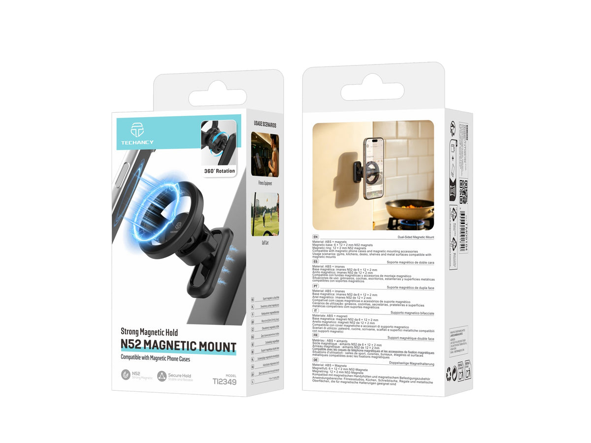 Suporte Magnetico Dupla Face para Telemovel Techancy TI2349, Imanes N52, Rotacao 360 Graus, Dobravel, Multiusos, Preto