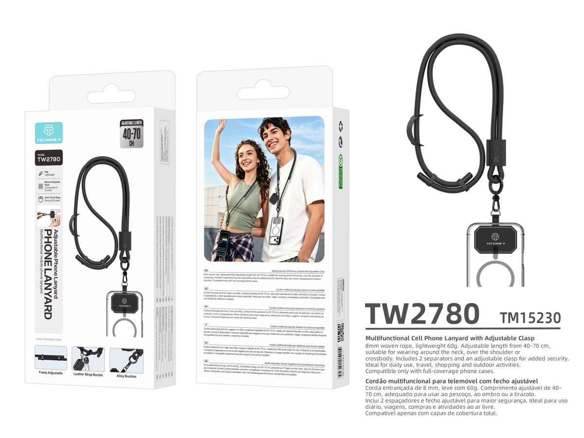 TECHANCY TW2780 Mobile Phone Lanyard, Adjustable 40-70 cm, 8 mm Braided Cord, Neck and Shoulder Strap, Black