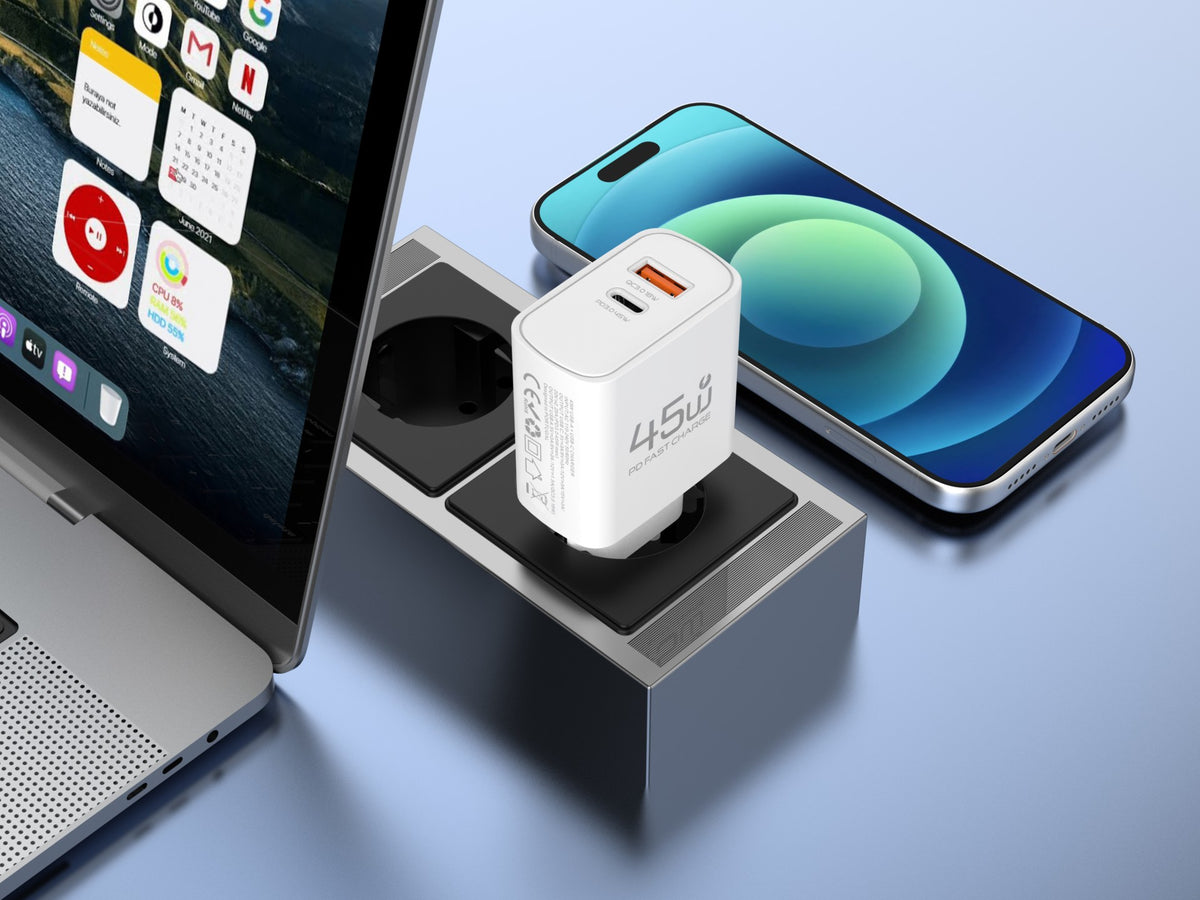 Carregador USB-C 45W TECHANCY TM02127, Carregamento Rapido PD 3.0 PPS, USB-A QC 3.0, 2 Portas, Ficha Europeia, Branco