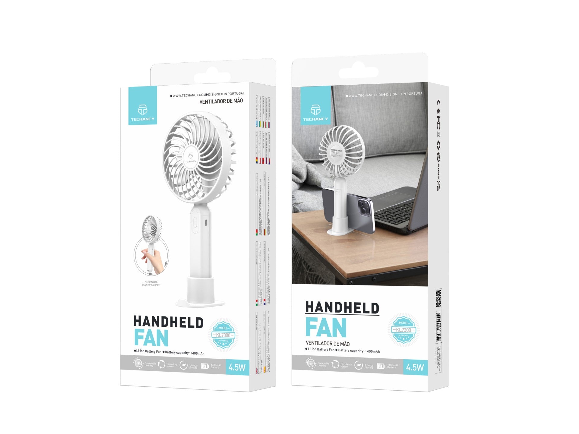 Ventilador portátil Techancy KL7300 blanco, ajustable a 3 velocidades, con soporte para escritorio