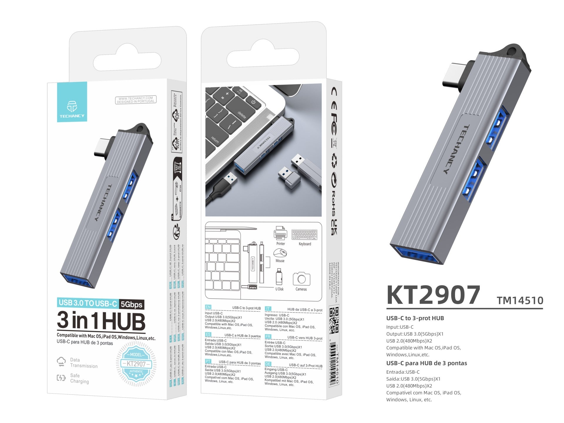 Techancy USB-C Hub to 3-Port USB 3.0 KT2907, Compatible with Mac OS, Windows and Linux, 5Gbps Data Transfer
