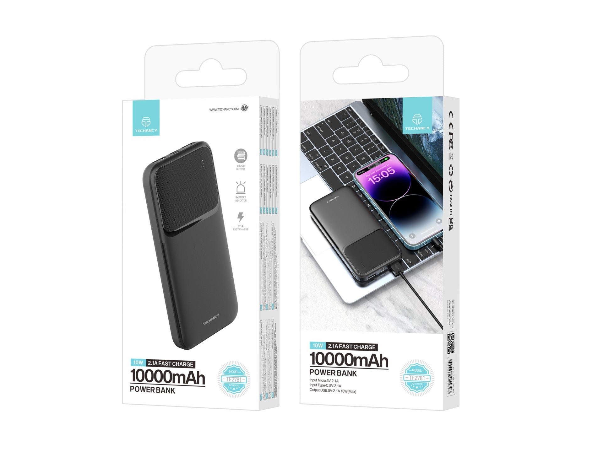 Techancy Power Bank 10000mah Negro TF2781, ¡Carga rápida de 10w para teléfonos inteligentes, tabletas y más!