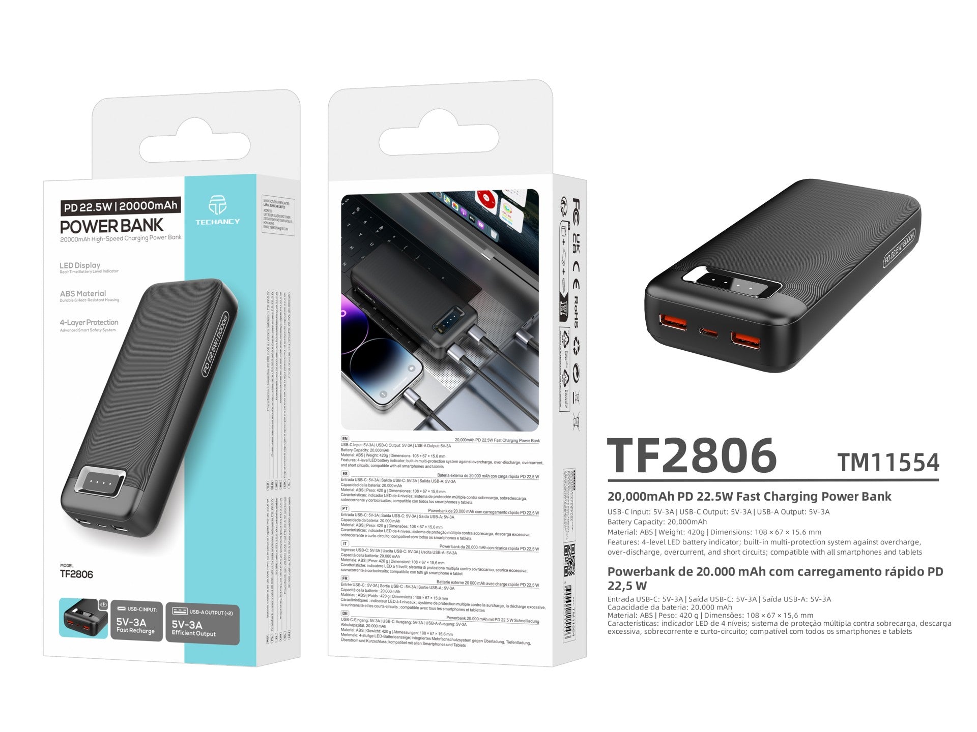 Techancy Power Bank 20000mAh TF2806 PD 22.5W com USB-C e 2 USB, Indicador LED, Compativel com Telemoveis e Tablets, Preto