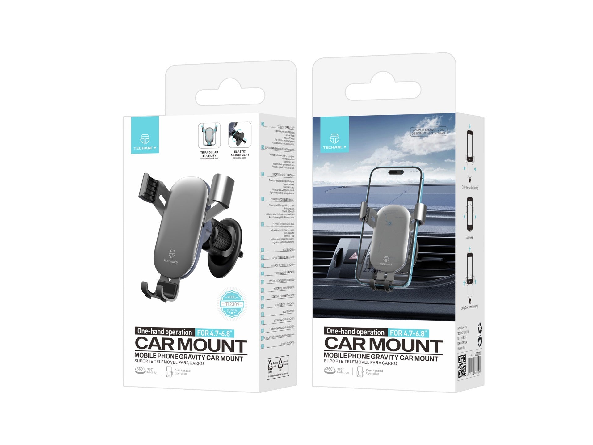 Soporte para teléfono móvil Techancy Ti2309 para coche, compatible con teléfonos de 4,7 a 6,8 pulgadas, material ABS y metal, ángulo de visión ajustable.