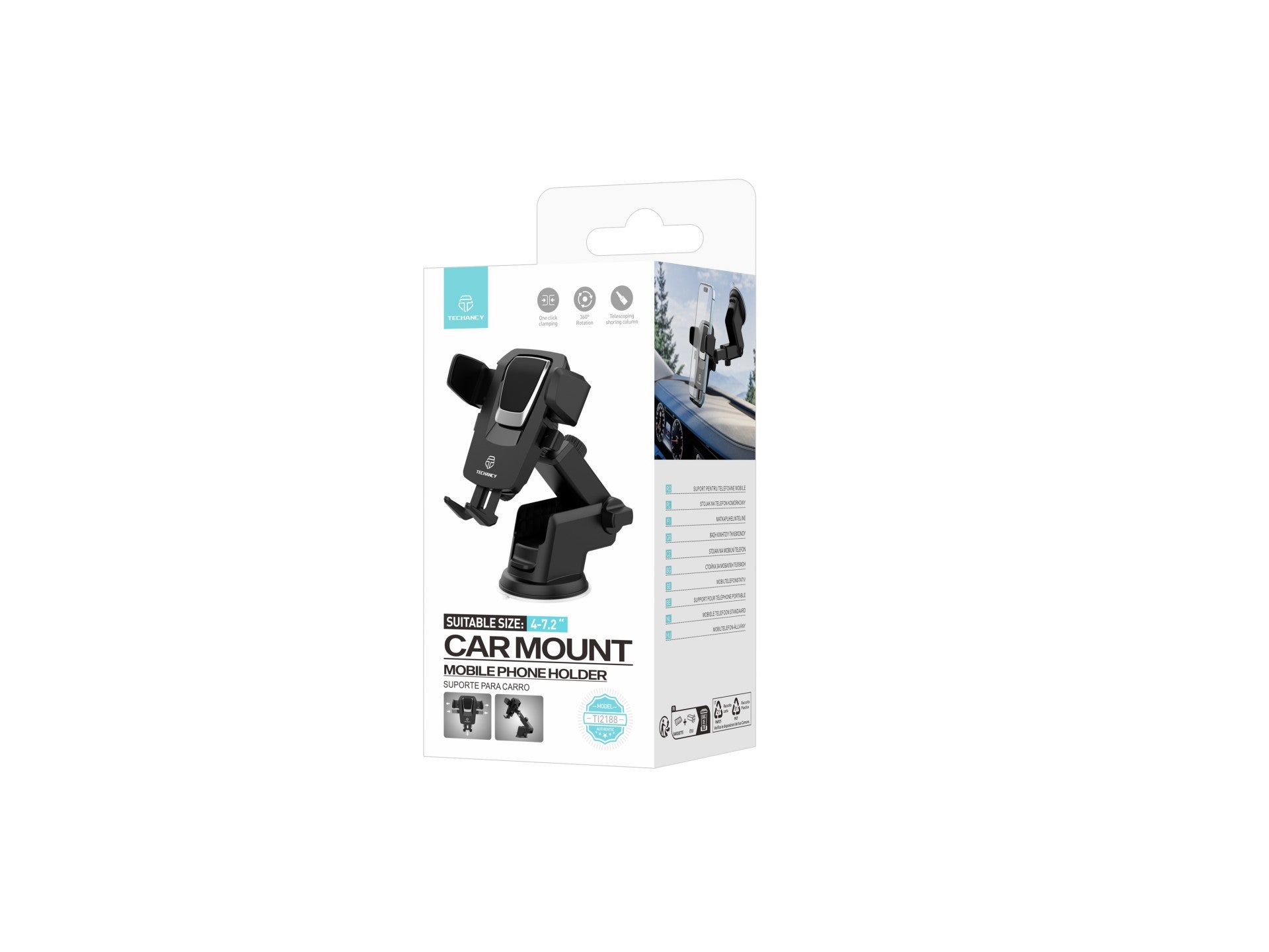 Soporte para teléfono con ventosa para coche Techancy Ti2188, negro/plateado, bloqueo de un toque, 4-7.2 pulgadas