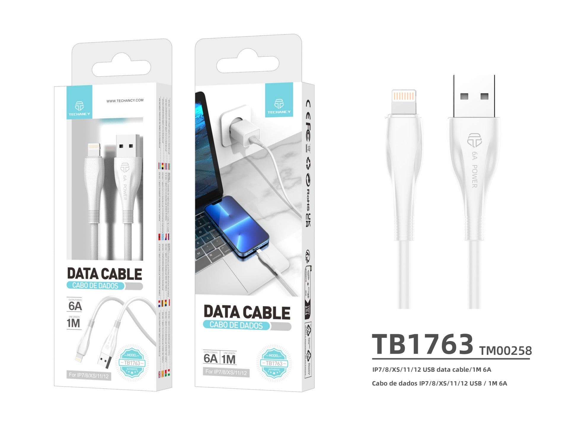 Techancy Super Fast Charging Data Cable 6A White TB1763, USB-IP8/X/11-14 Port, 1M Long, Fast Charging