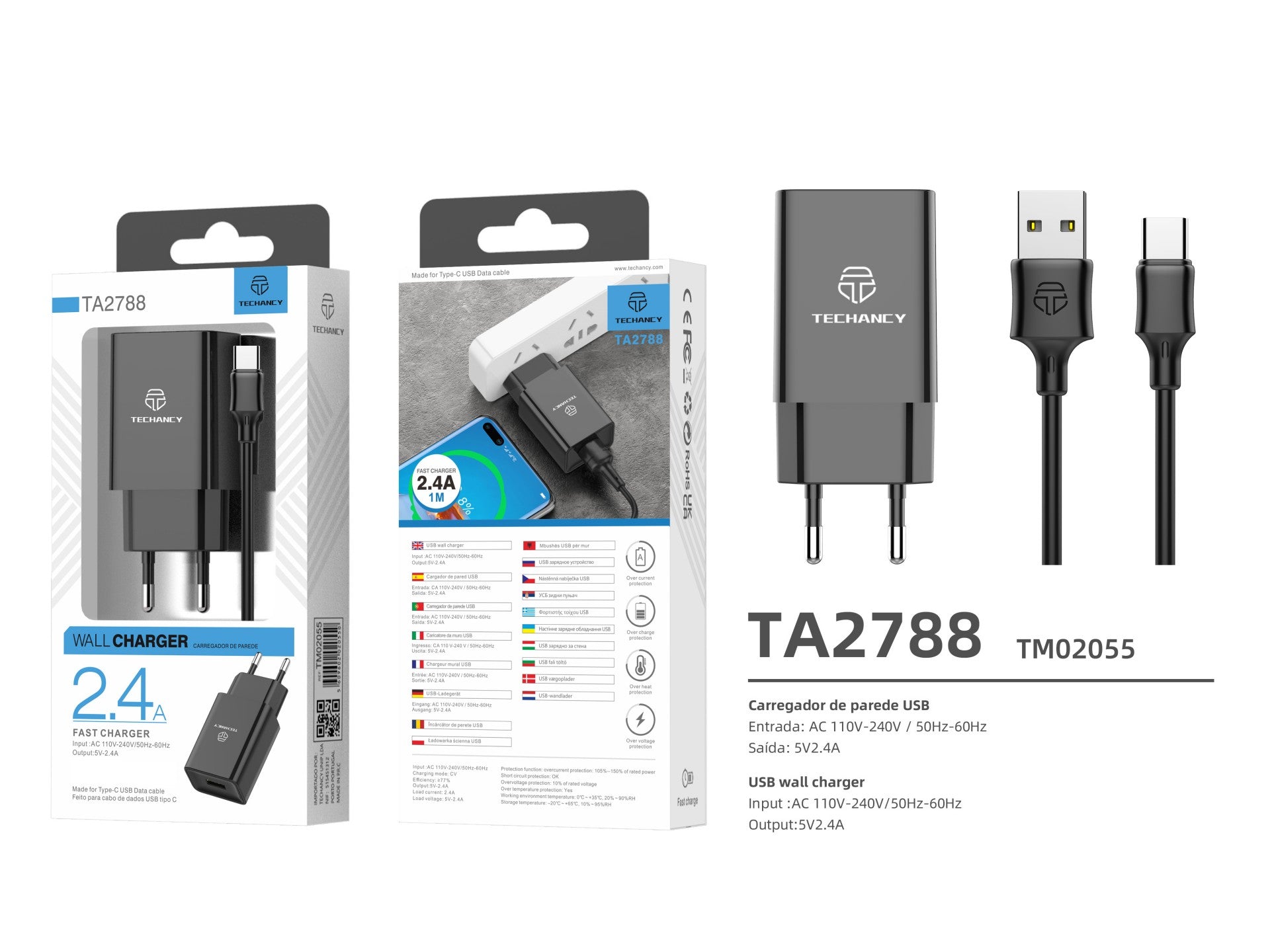 Techancy Carregador De Telemóvel Preto TA2788, Saída Usb 5v-2.4a Carregamento, Conjunto De Carregador De Cabo Usb-Tipo C 1m