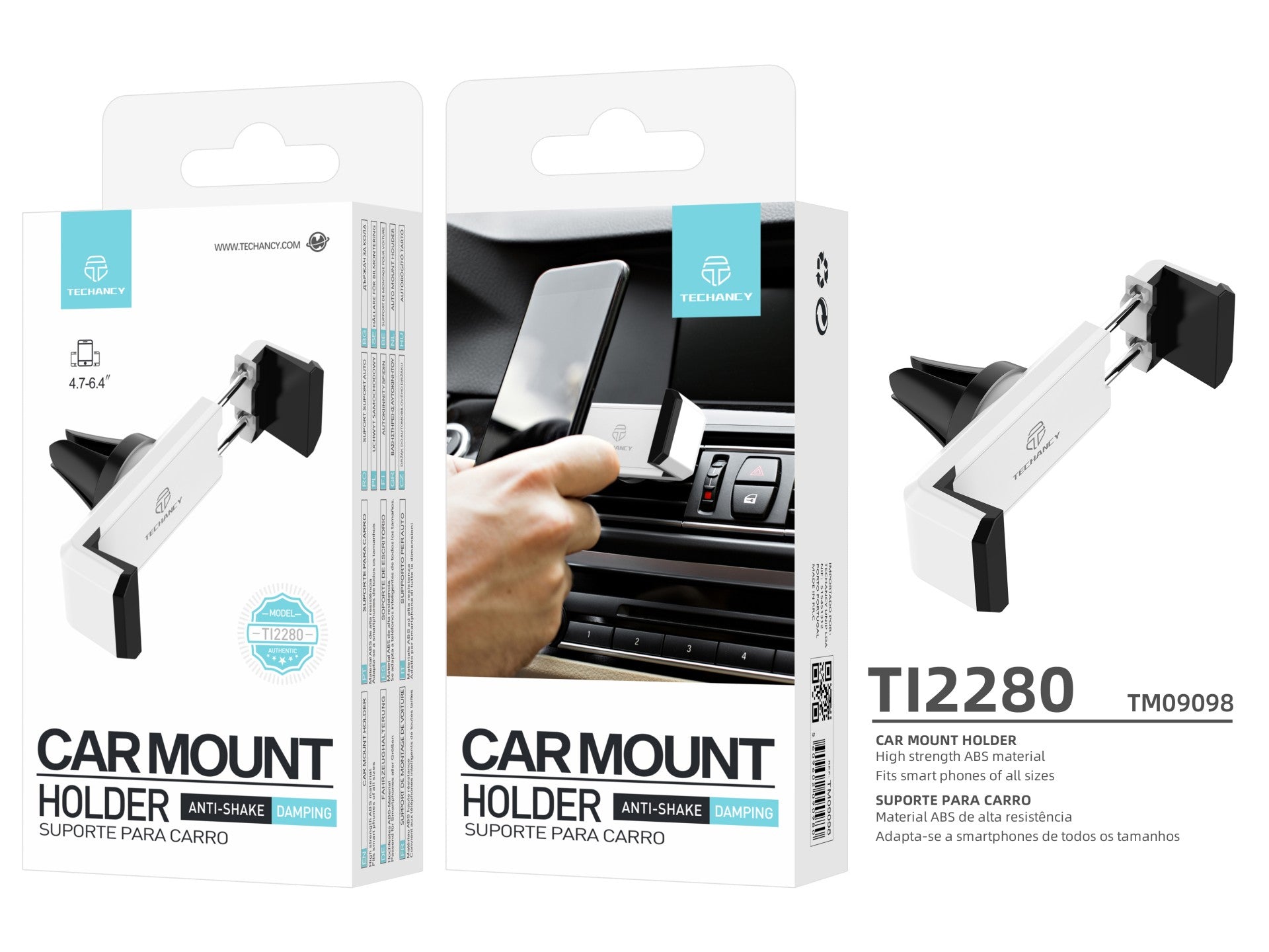 Soporte para teléfono de coche Techancy TI2280 con rejilla antivibración para teléfonos de 4,7 a 6,4 pulgadas, color blanco