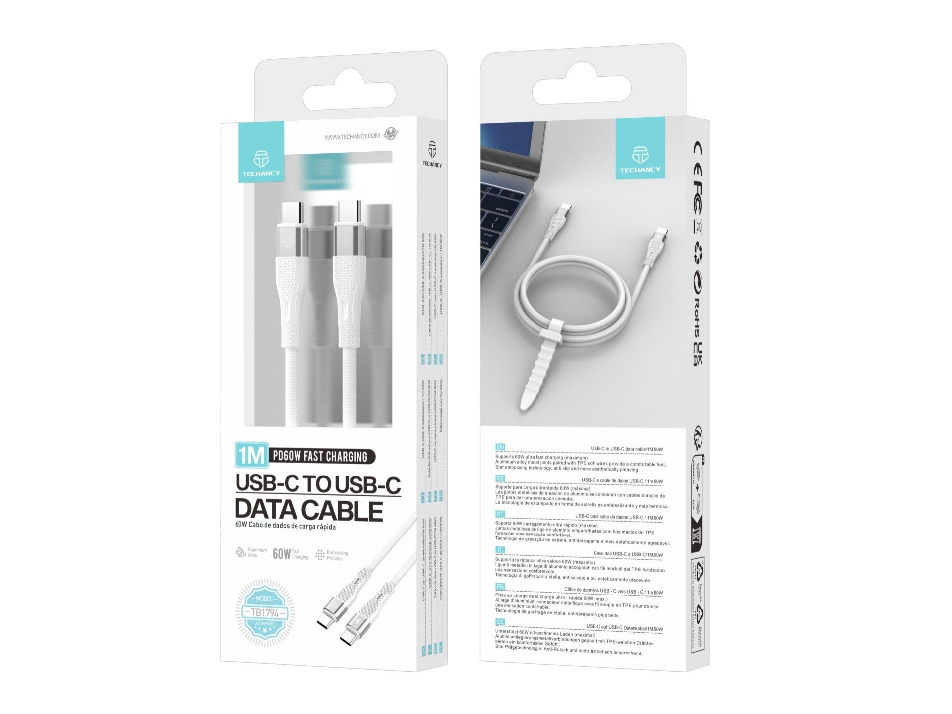 Techancy Cabo De Carregamento Rápido Pd Usb C Para Usb C Branco TB1779, Carregamento Rápido De 60 W, Comprimento 1 M