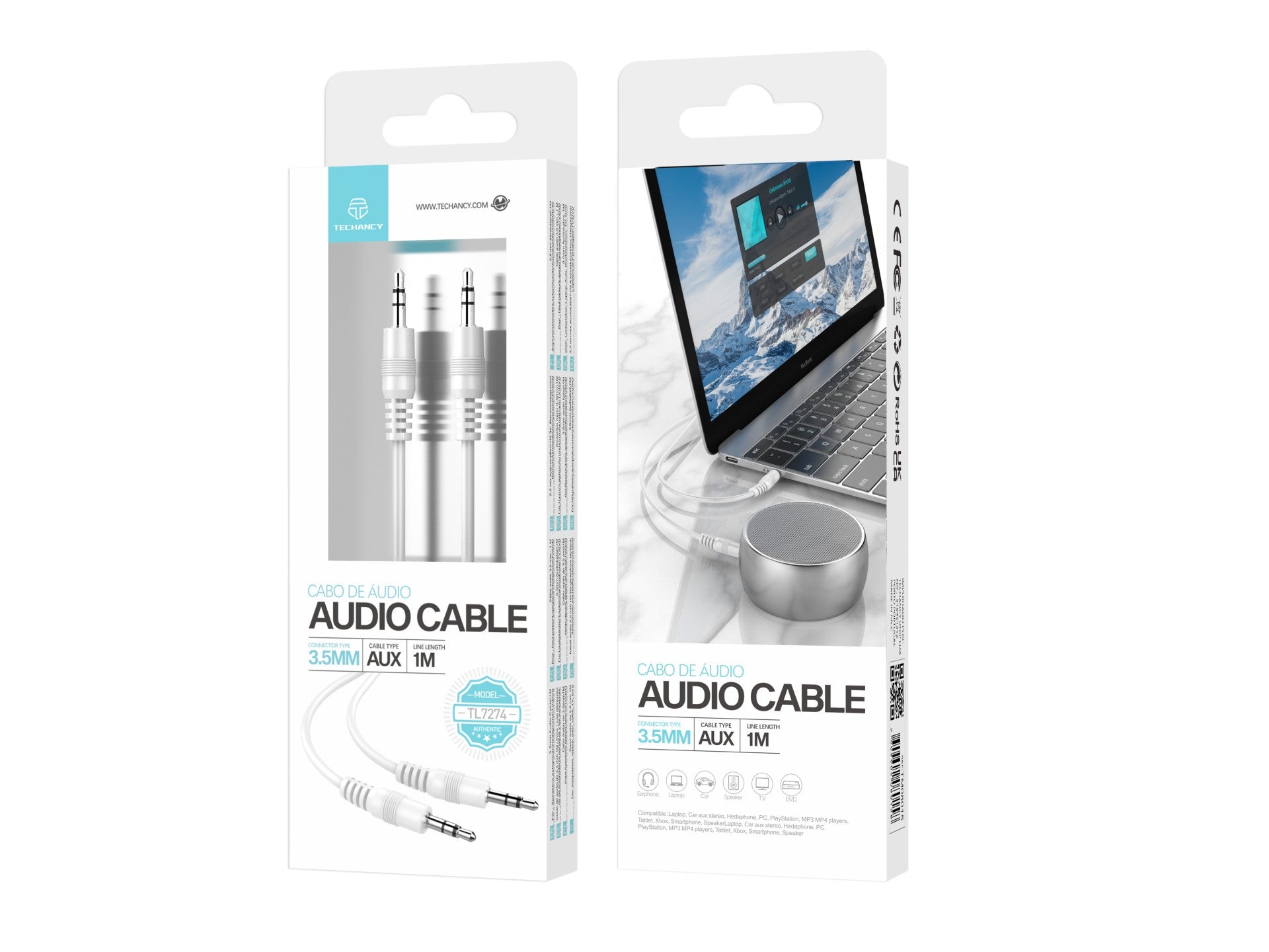 Cable de audio Techancy de 3,5 mm, blanco TL7274, 1 metro, para altavoces, ordenadores, coches, auriculares, DVD, etc.