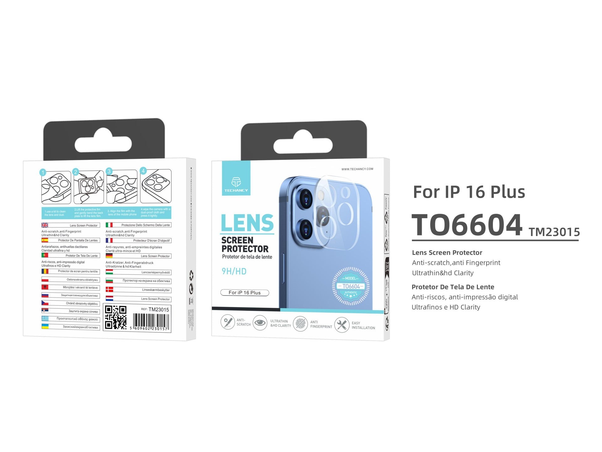 Techancy Protetor de Lente para iPhone 16 Plus TO6604, 9H Anti-riscos, Anti-digital, Ultrafino e HD, Fácil de Instalar