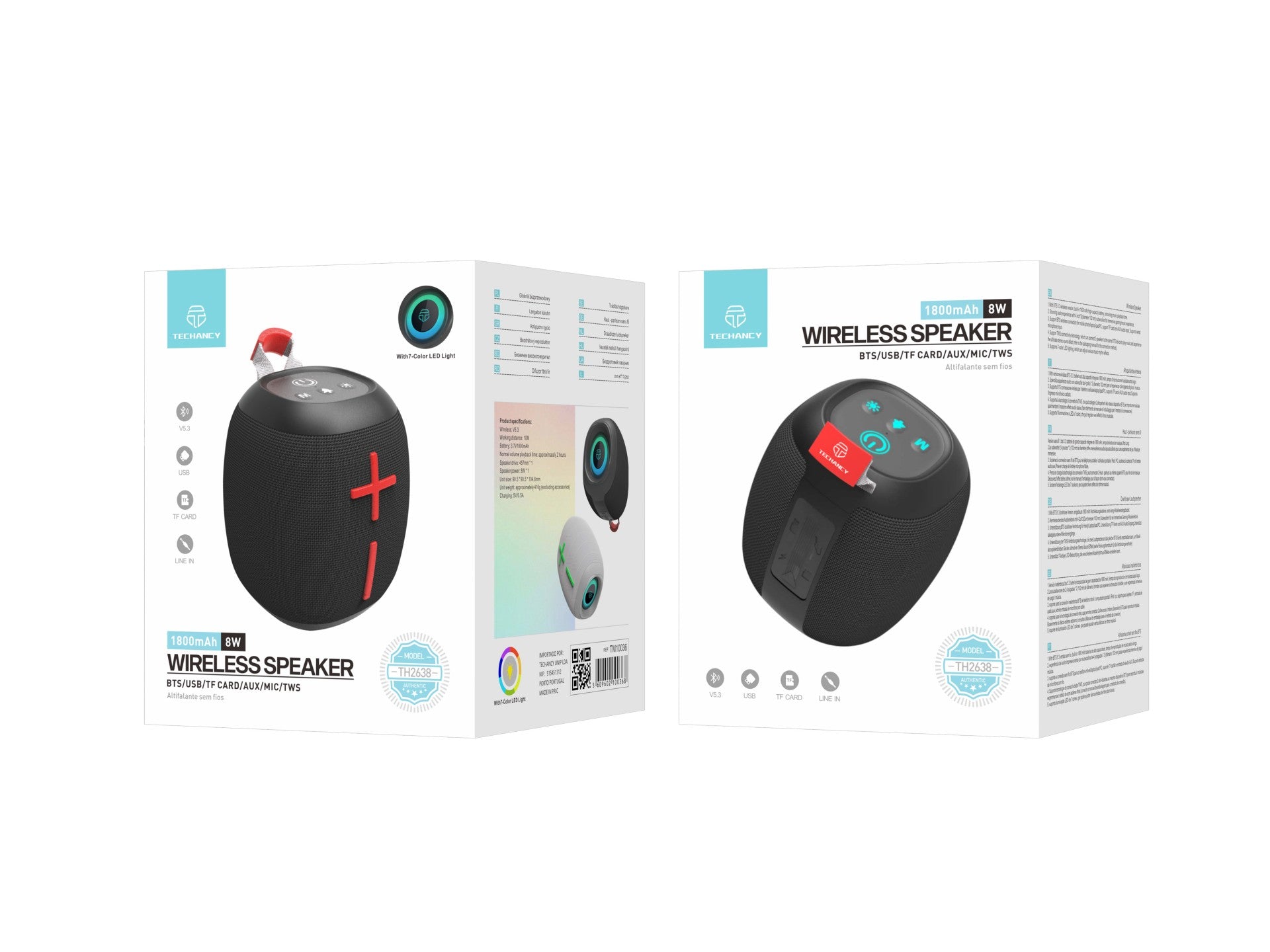 Altavoz Bluetooth inalámbrico Techancy TH2638 versión 5.3, compatible con TWS/TF/AUX, luz ambiental LED RGB de 7 colores