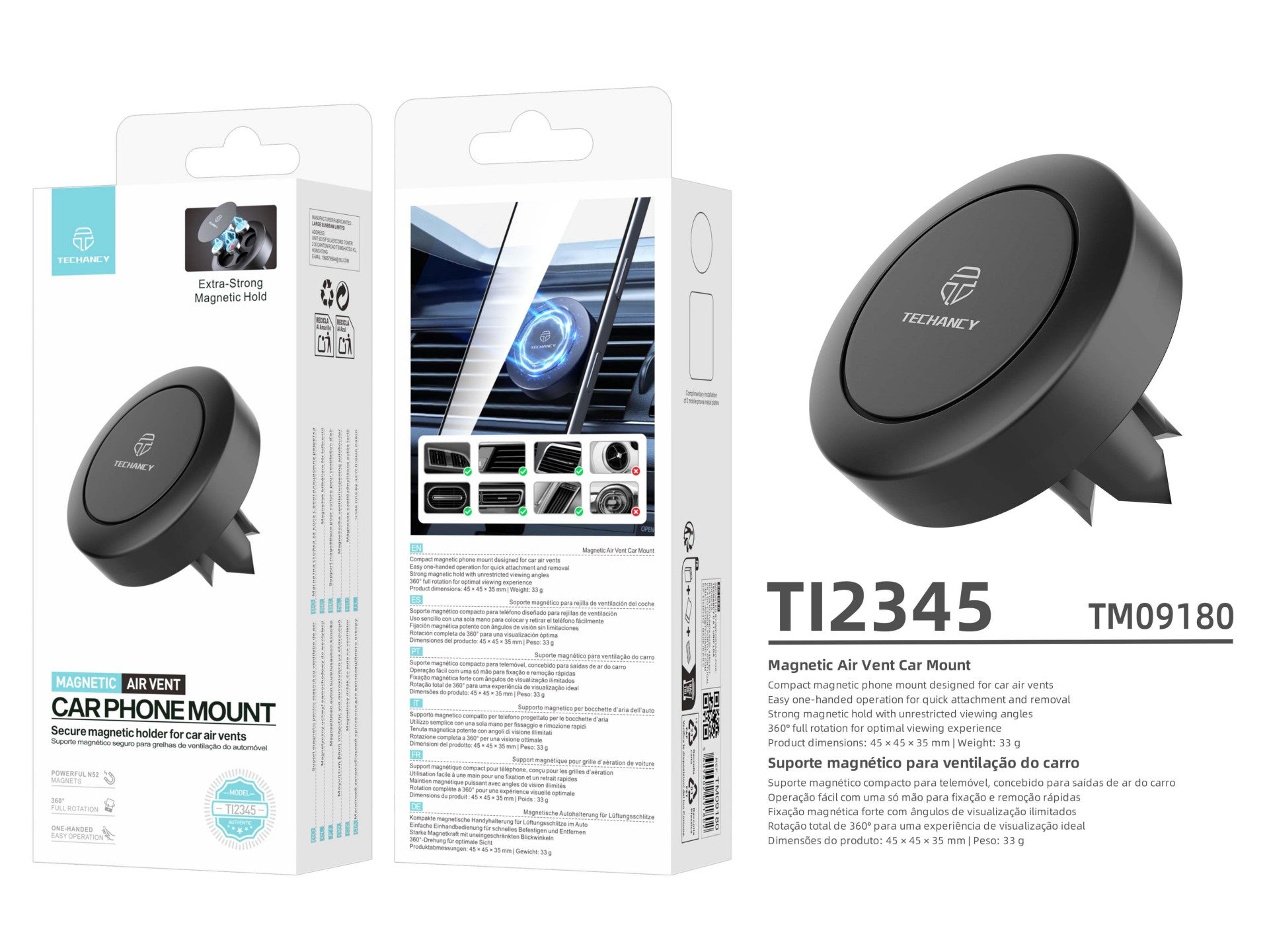 Techancy Suporte Magnetico para Telemovel TI2345 Suporte de Ventilacao para Carro Rotacao 360 Graus Compativel com iPhone e Android Preto