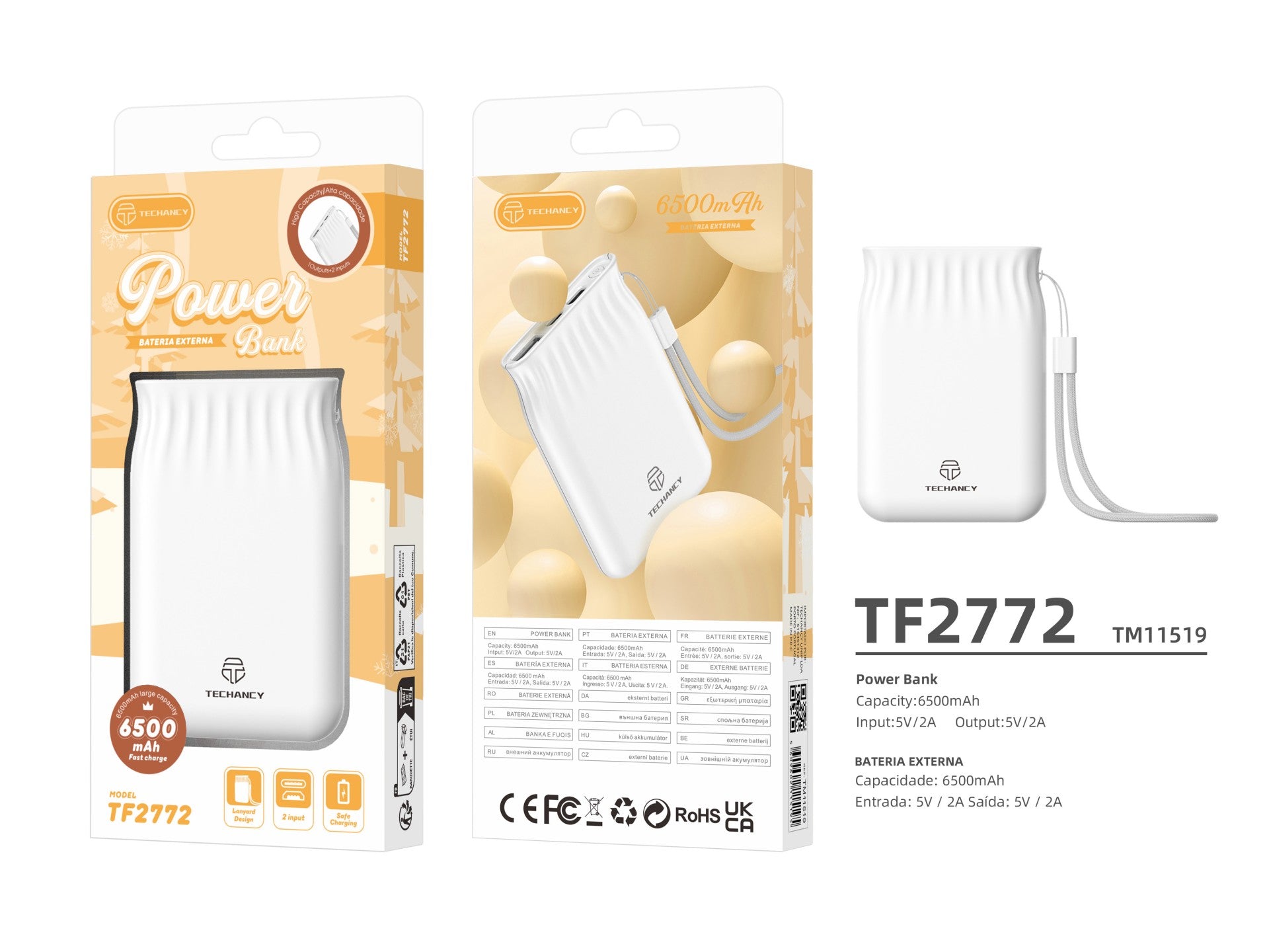Banco de energía Techancy de 6500 mAh, blanco TF2772, compatible con carga de teléfono móvil/tableta de 2 A, fuente de alimentación portátil