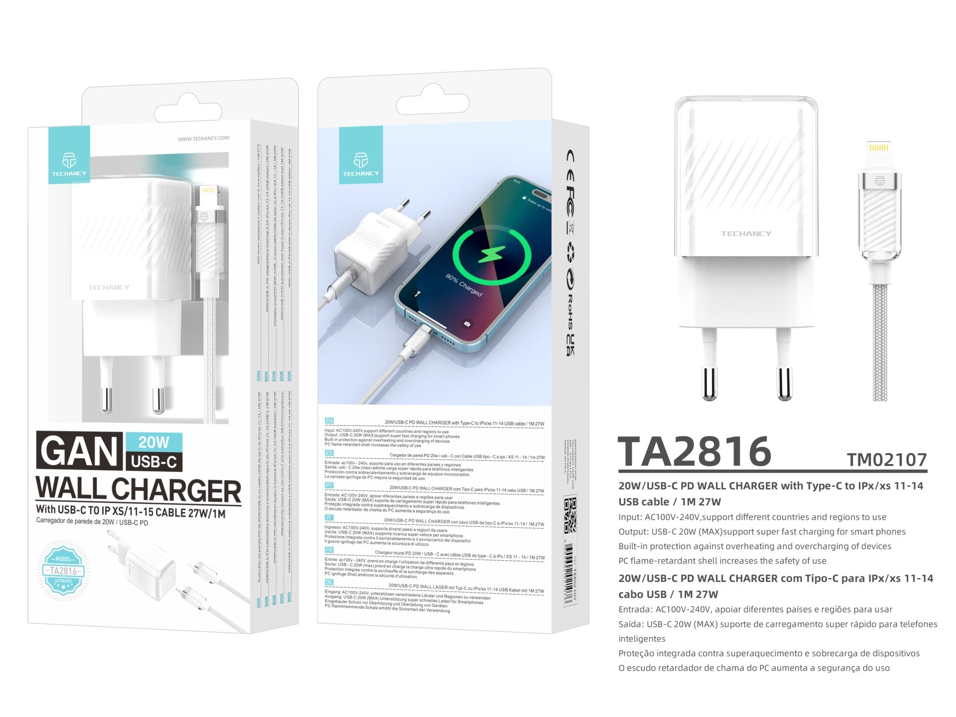 Techancy 20W Mobile Phone Charger White TA2816, USB-C PD GaN Fast Charging, USB C to Lightning Cable Set 1m/30w