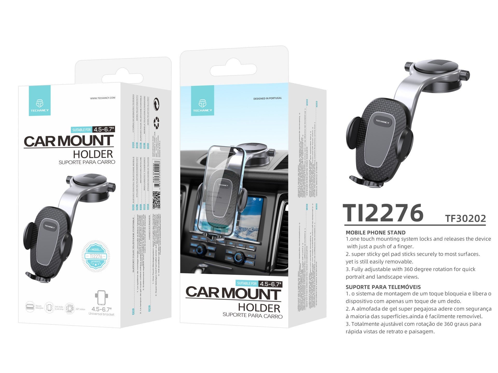 Suporte adesivo para telemóvel para carro Techancy, TI2276, interruptor de um toque, preto