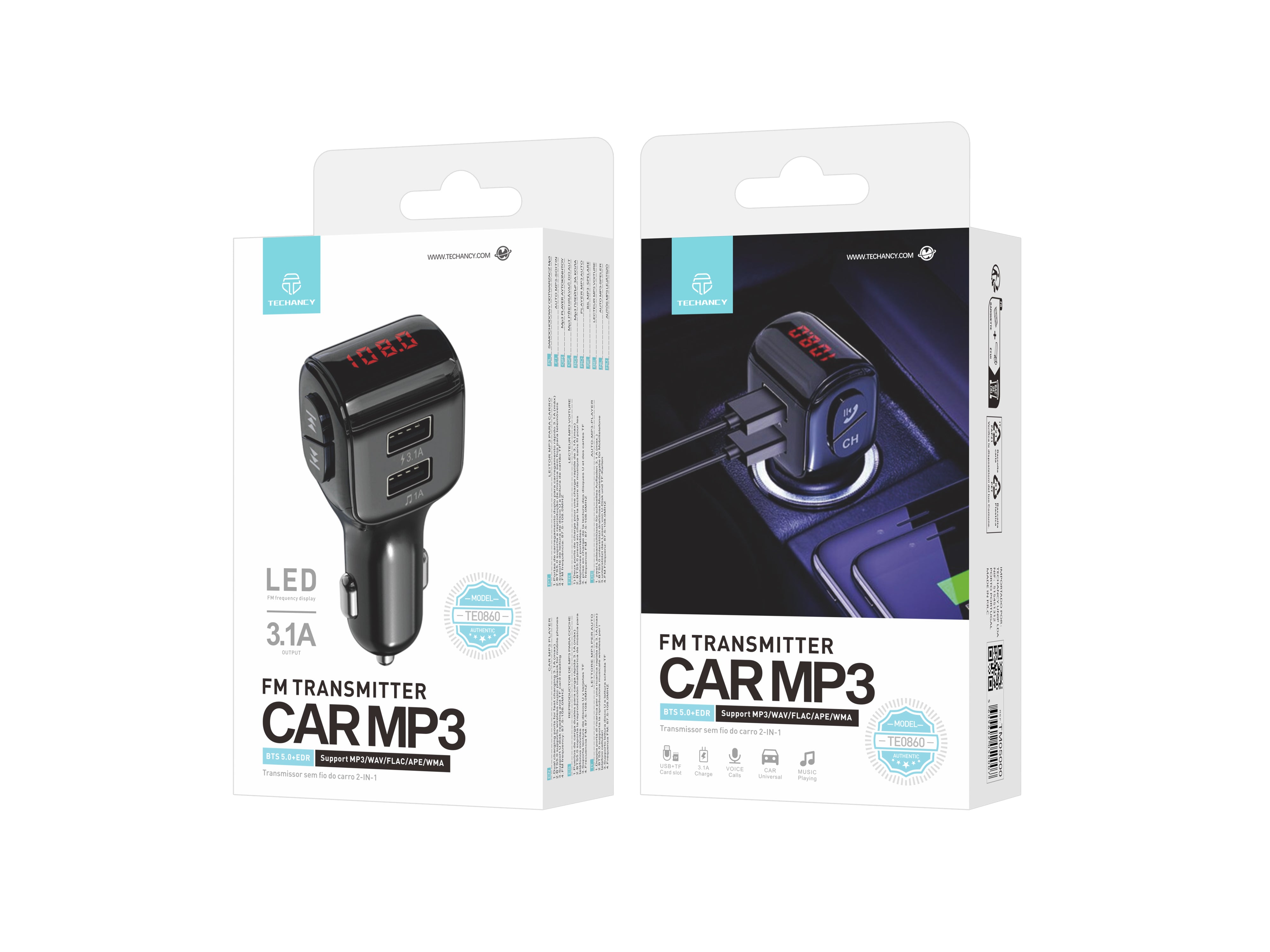 Techancy Black Car MP3 Player TE0860, 3.1 A Fast Charging, FM+Bluetooth Connection, 12-24 V Input