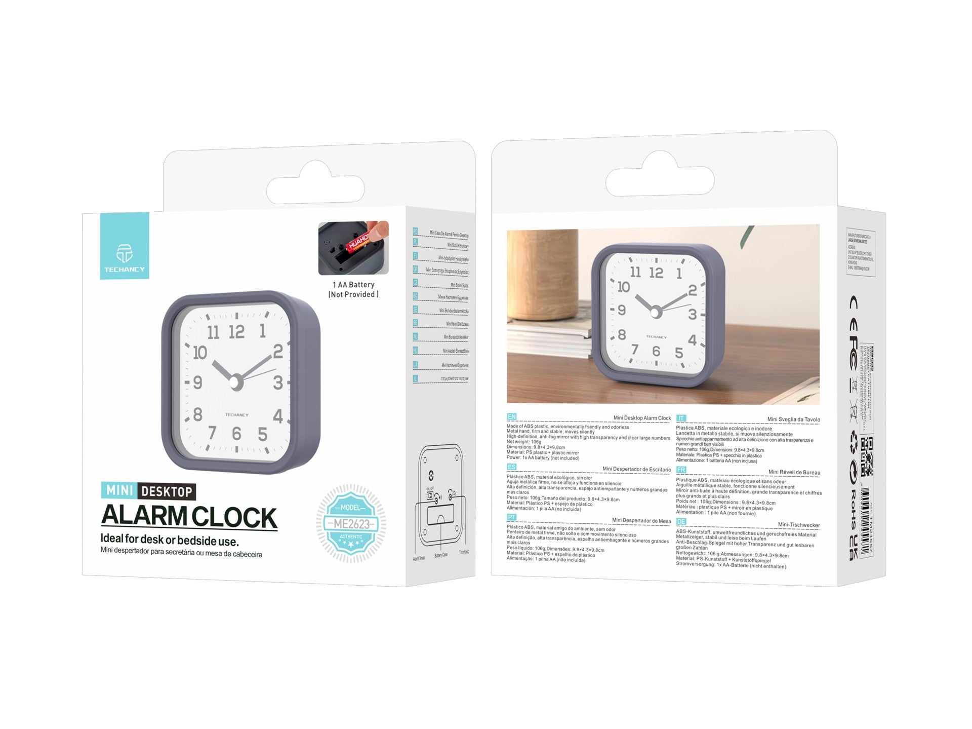 Techancy Mini ME2623 Silent Desk Alarm Clock, Large Numbers, HD Mirror, ABS Body, Portable for Bedroom and Office, Gray Color
