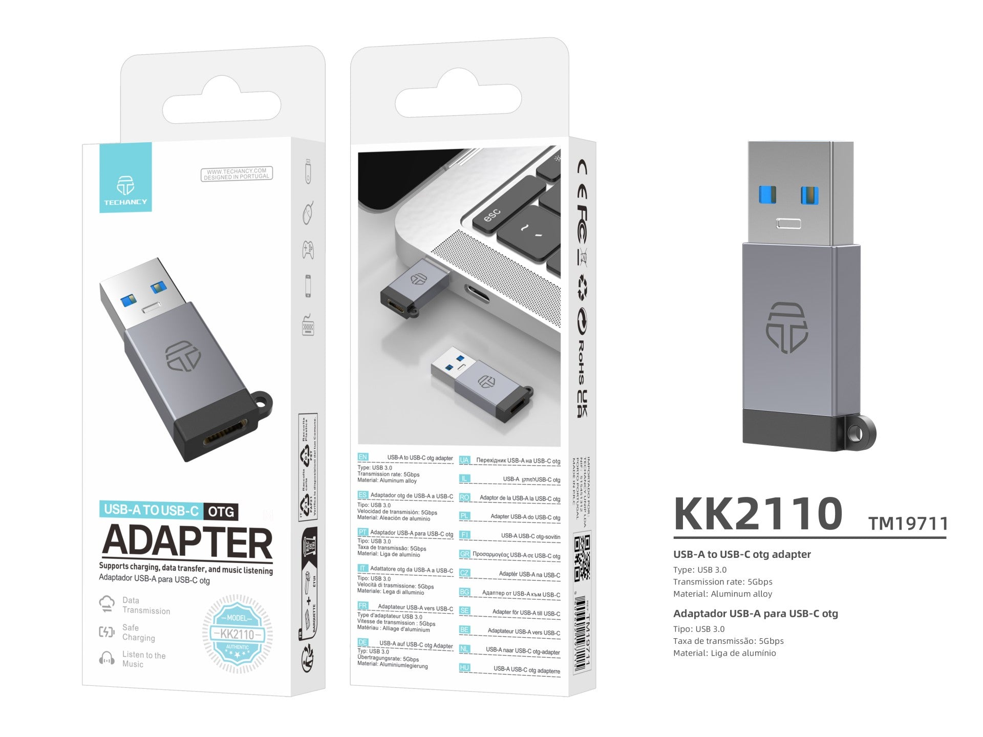 Adaptador OTG USB-A a USB-C Techancy KK2110, aleación de aluminio, compatible con transferencia de datos y carga.