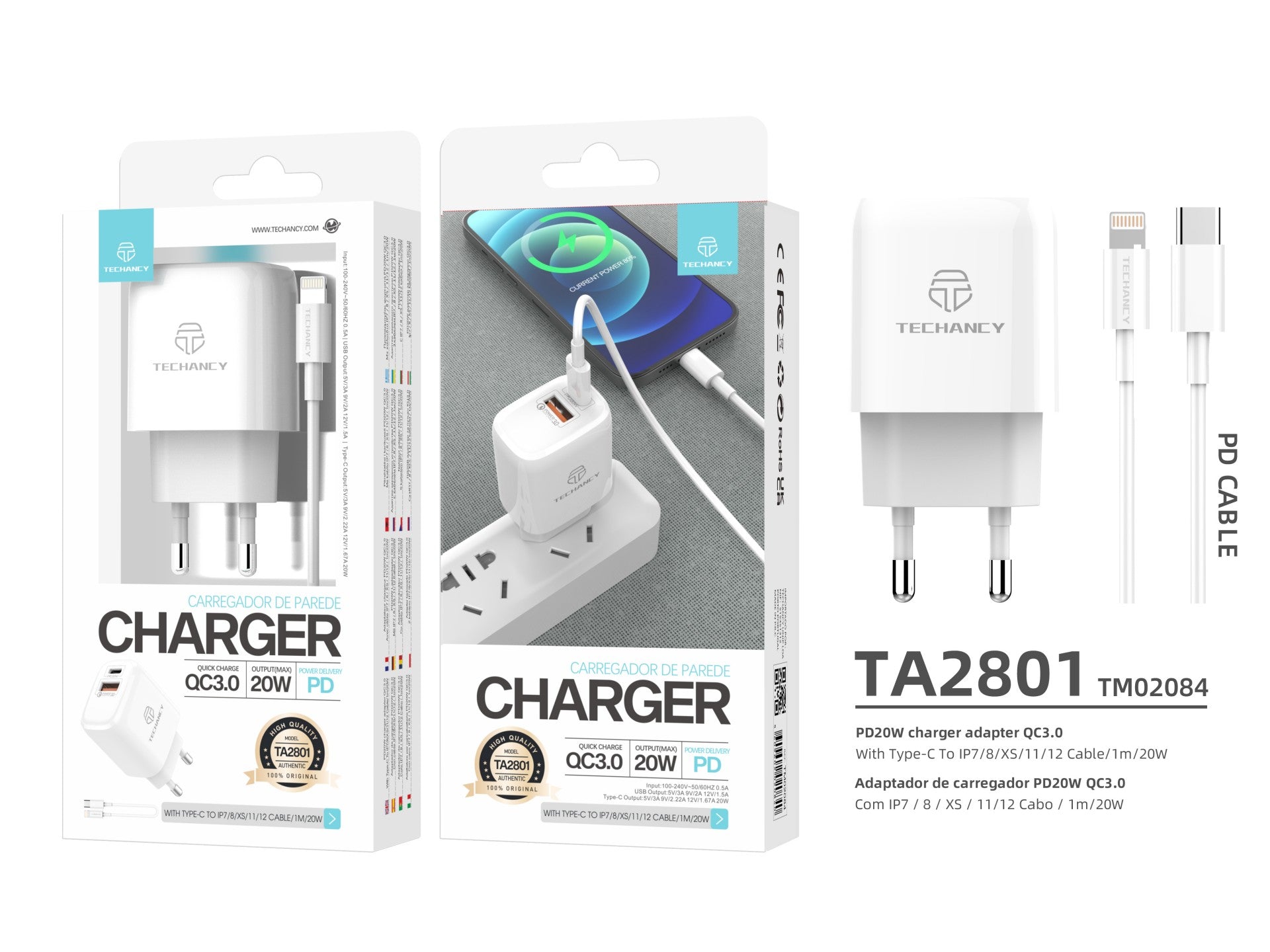 Techancy Carregador Branco De 20 W TA2801, Compatível Com Pd E Qc3.0 Com Cabo Usb-C Branco De 1 M Para Lightning