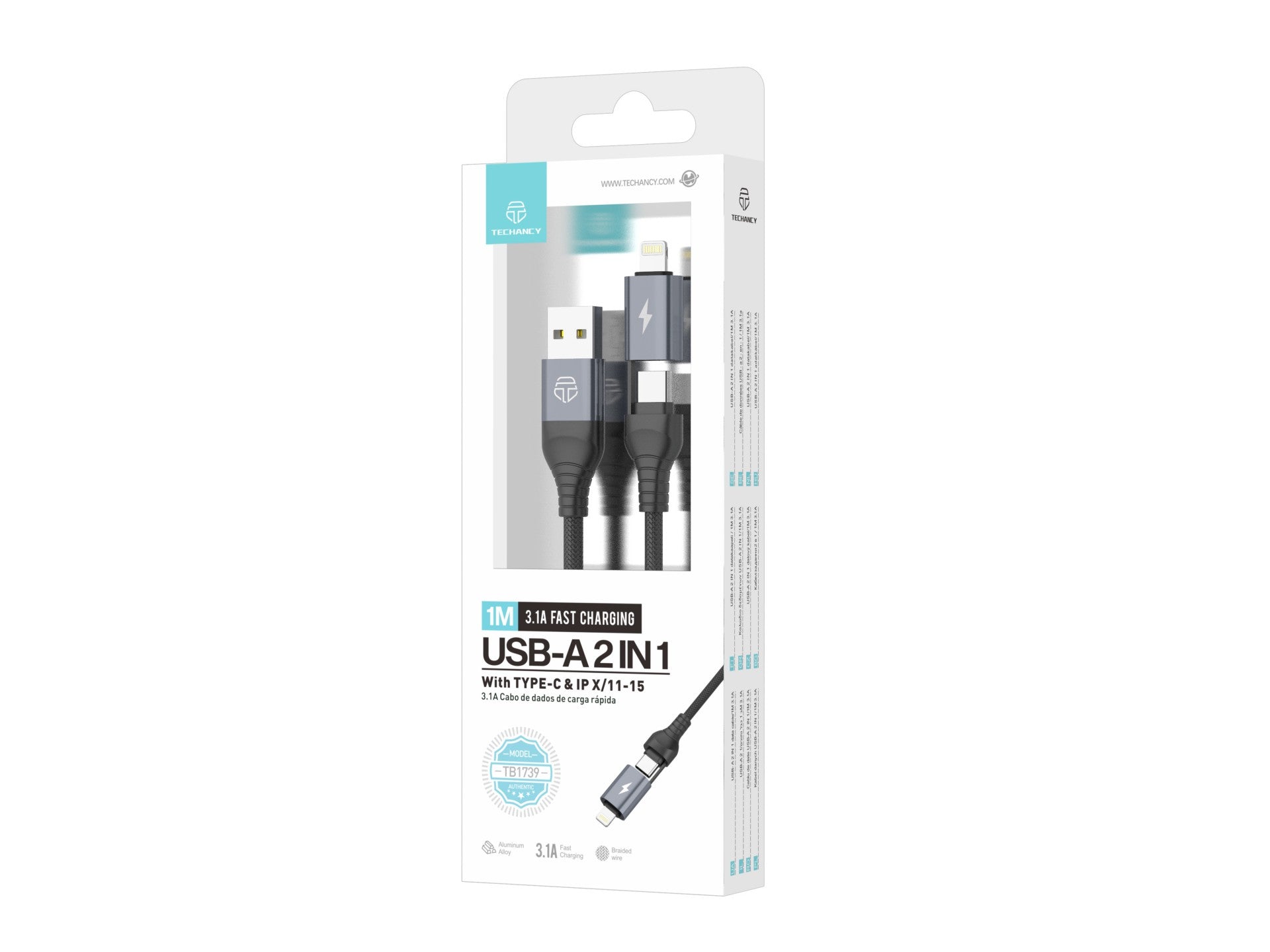 Techancy Cabo De Dados Usb 2 Em 1 Preto TB1739, Carregamento Rápido De 3,1 A, Tipo C/Lightning Em Ambas As Portas